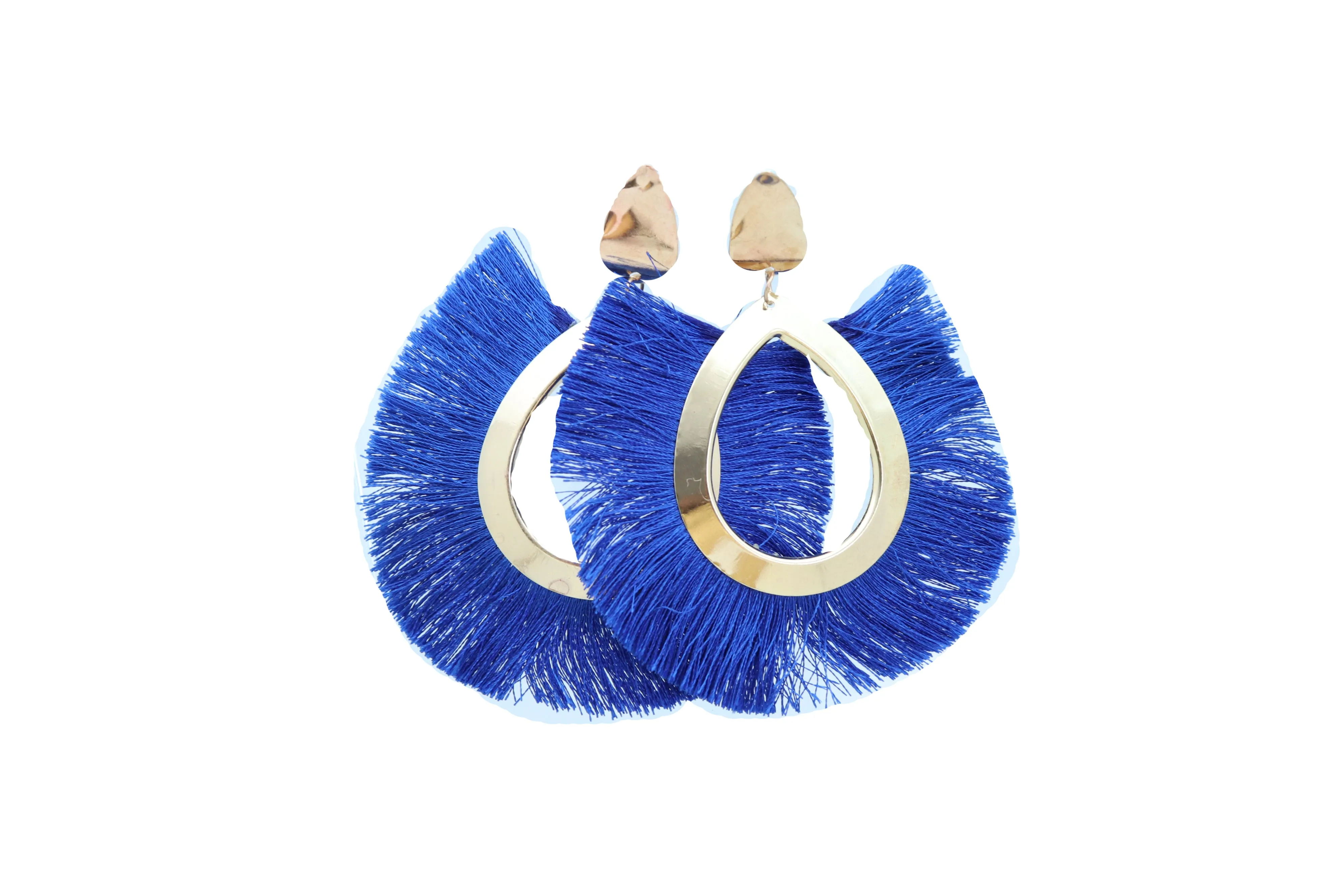 Earrings Set Gold Metal Stud Water Drop Blue Fabric Tassel