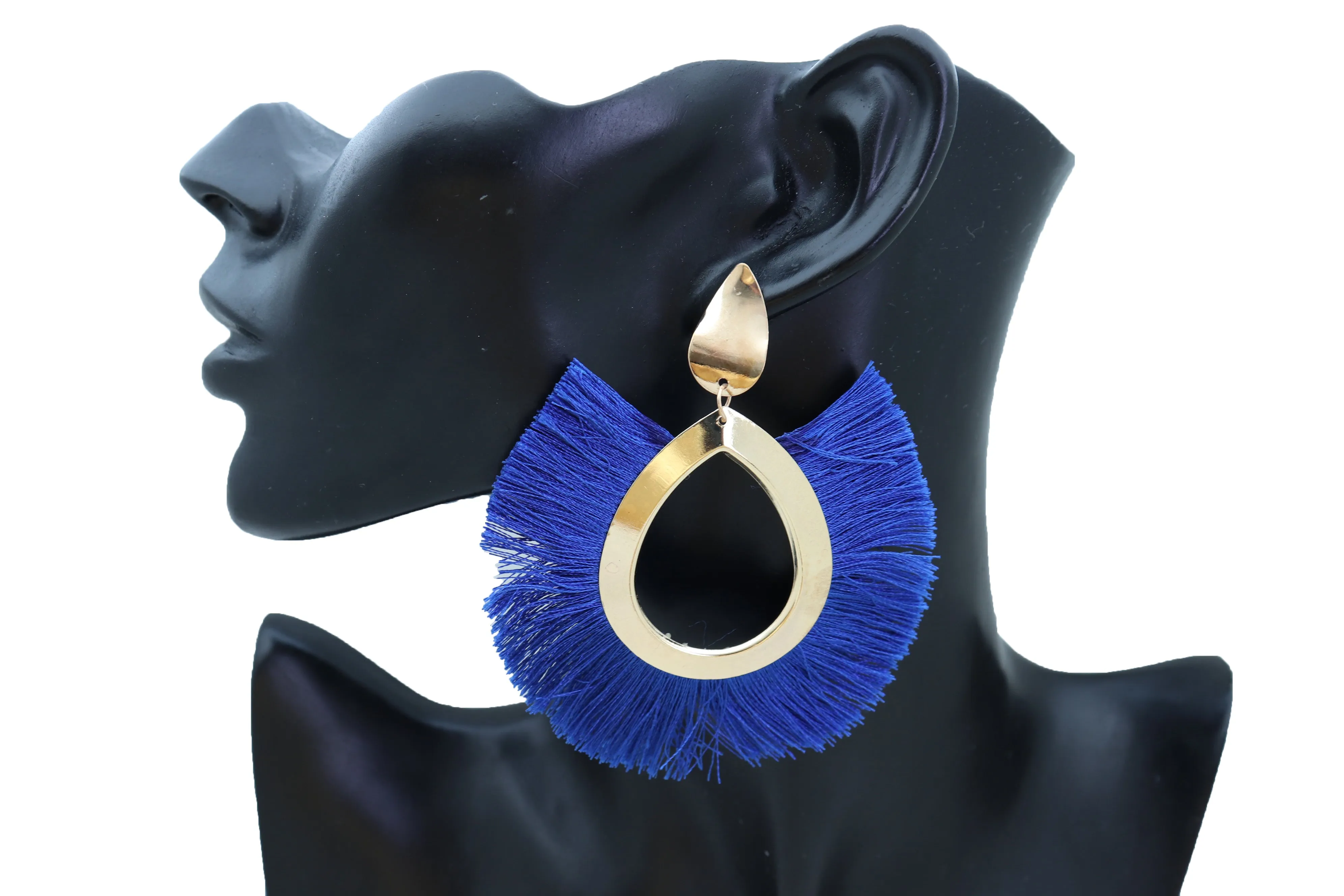 Earrings Set Gold Metal Stud Water Drop Blue Fabric Tassel