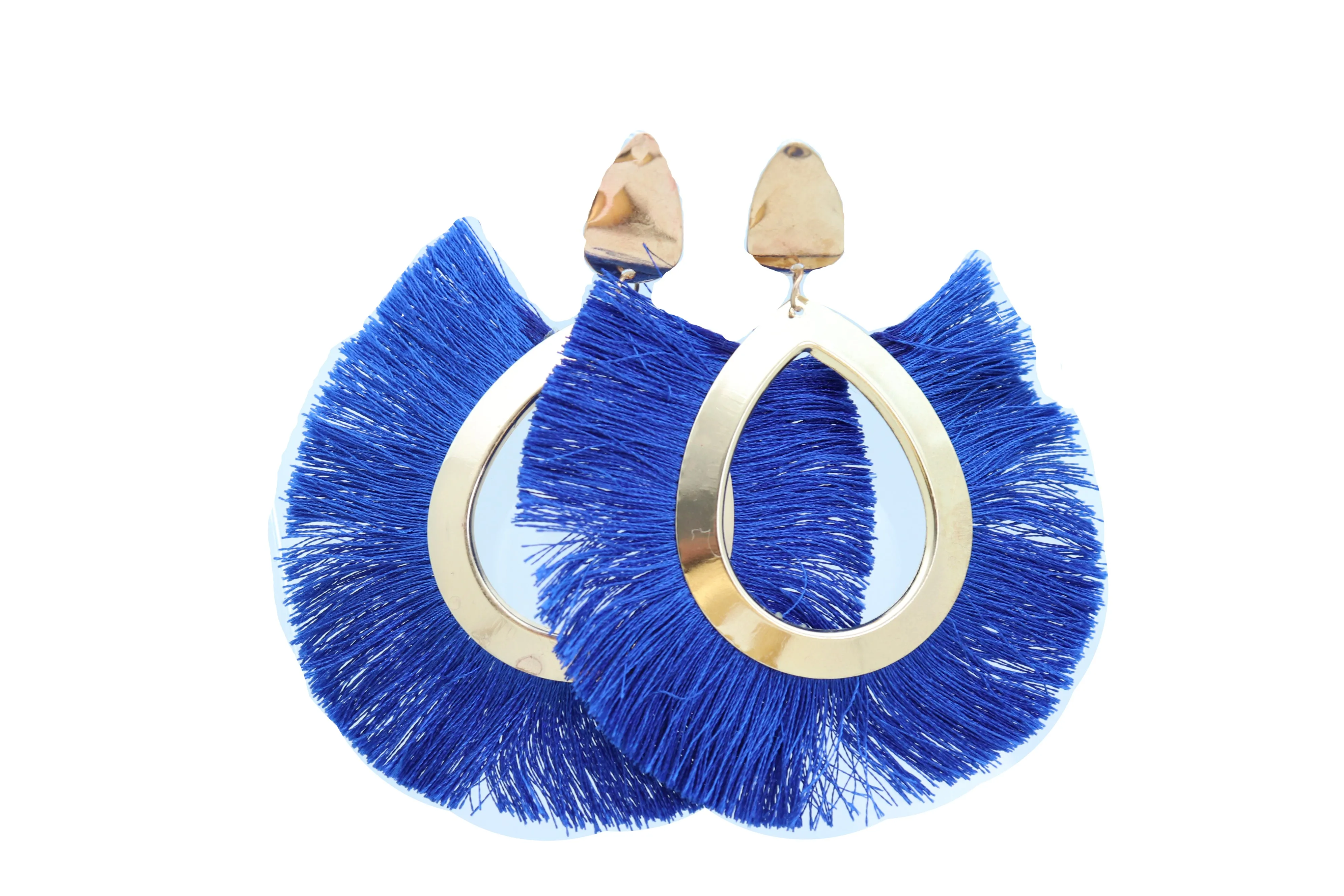 Earrings Set Gold Metal Stud Water Drop Blue Fabric Tassel