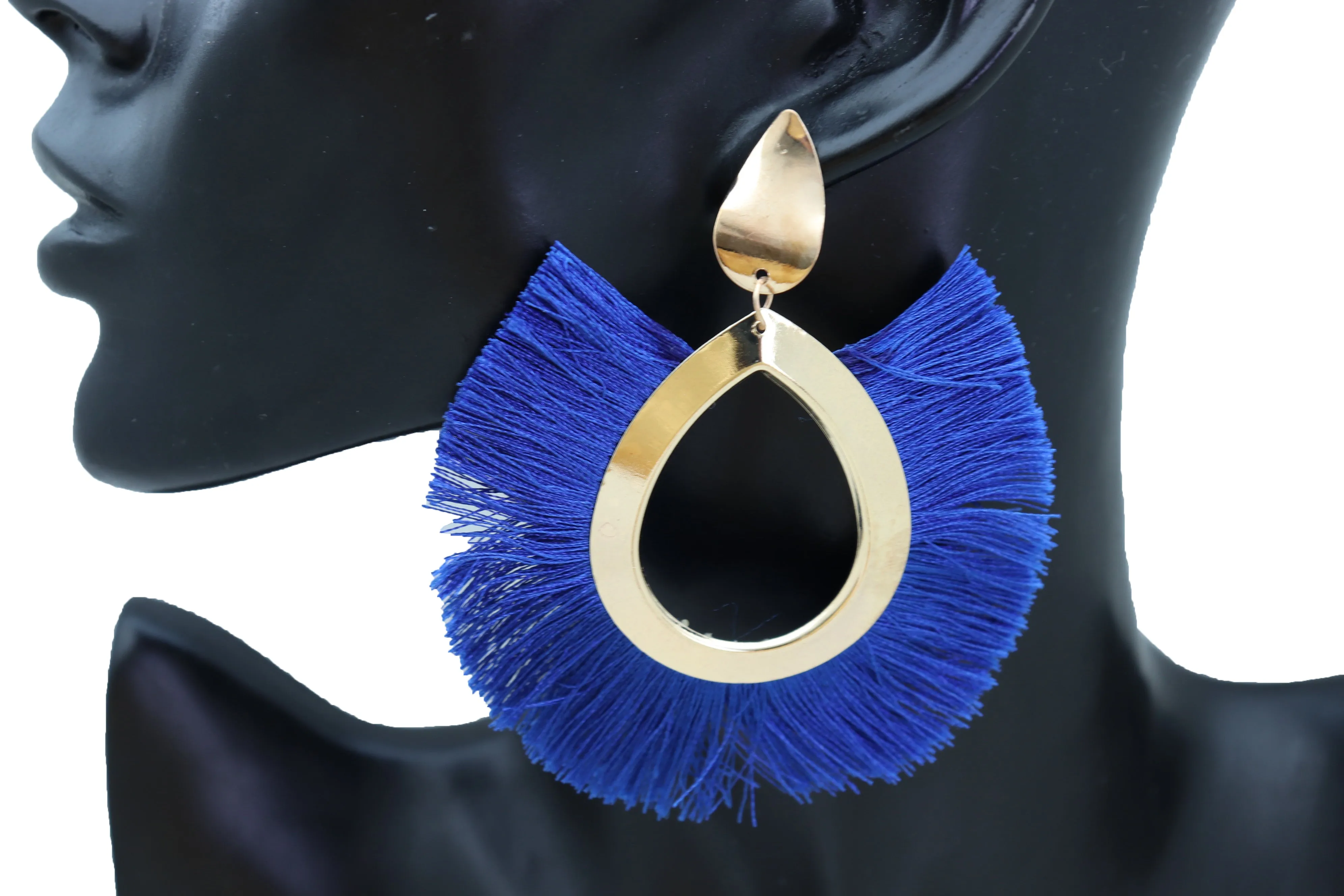 Earrings Set Gold Metal Stud Water Drop Blue Fabric Tassel