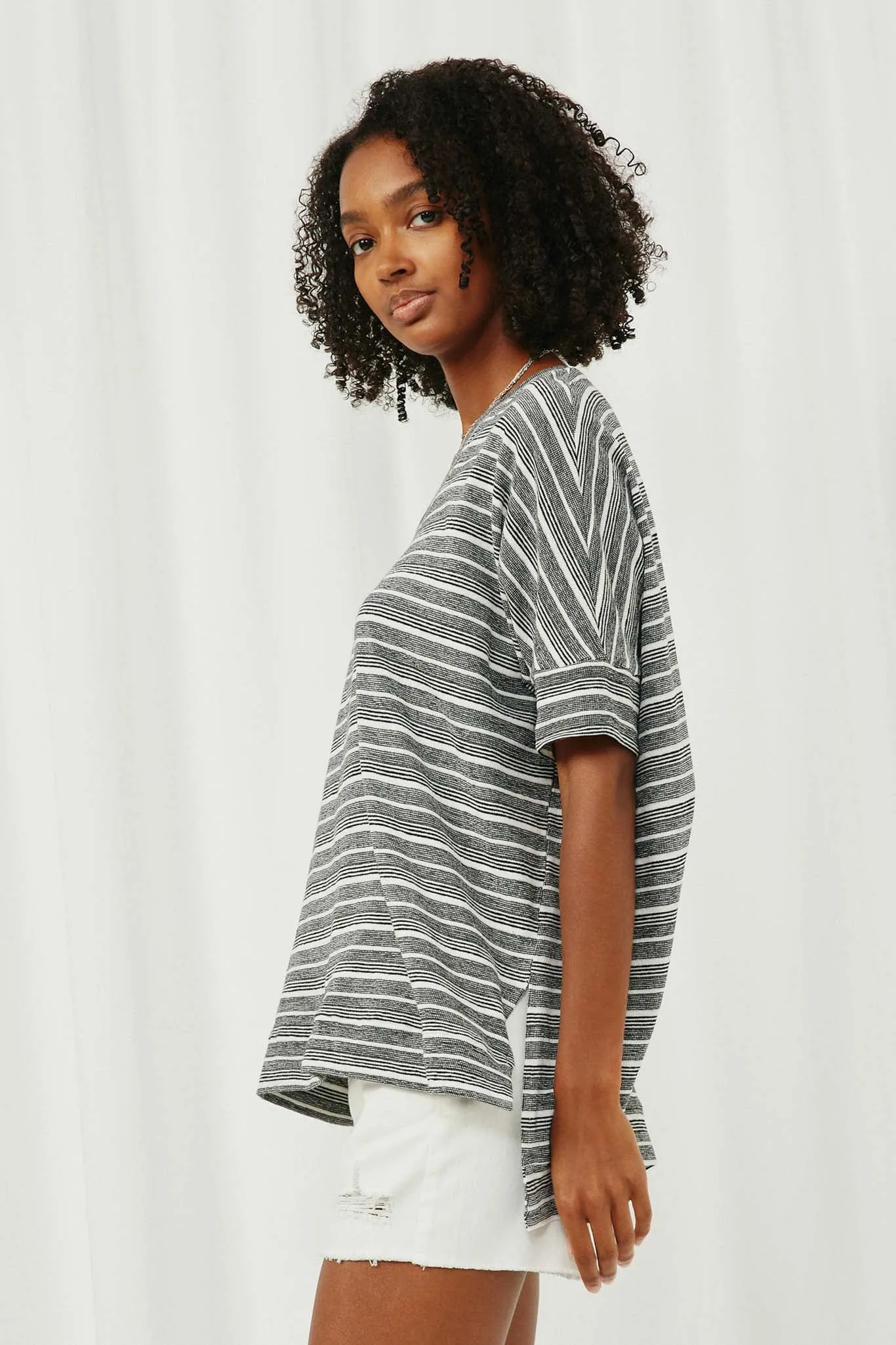 Engineered Stripe Oversize V-Neck High Low Knit Top