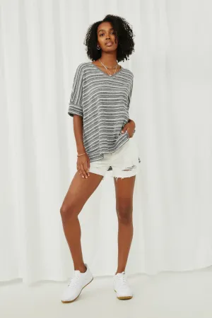 Engineered Stripe Oversize V-Neck High Low Knit Top