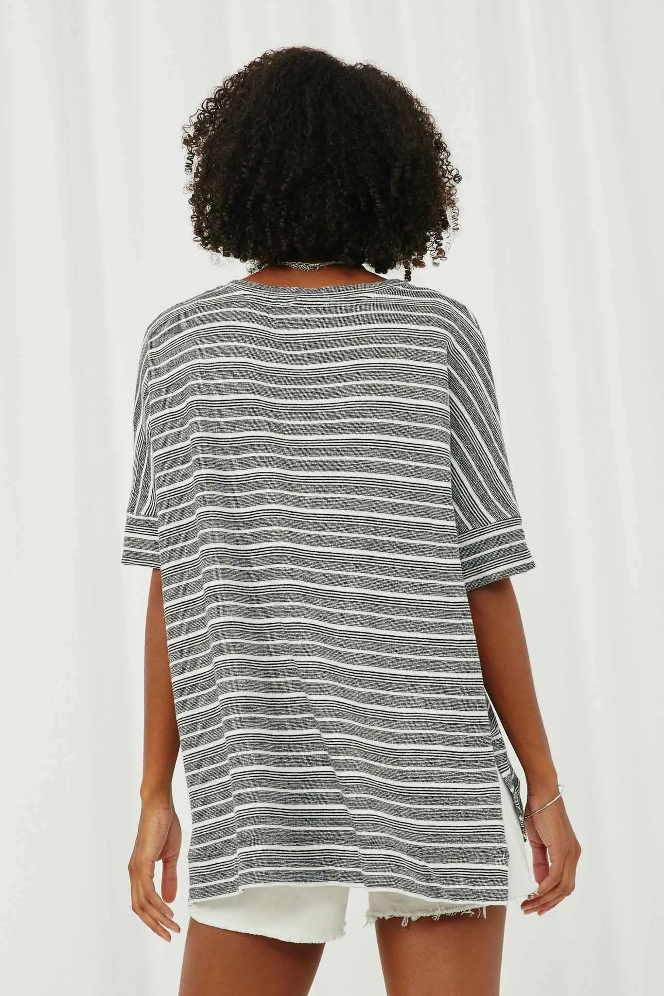 Engineered Stripe Oversize V-Neck High Low Knit Top