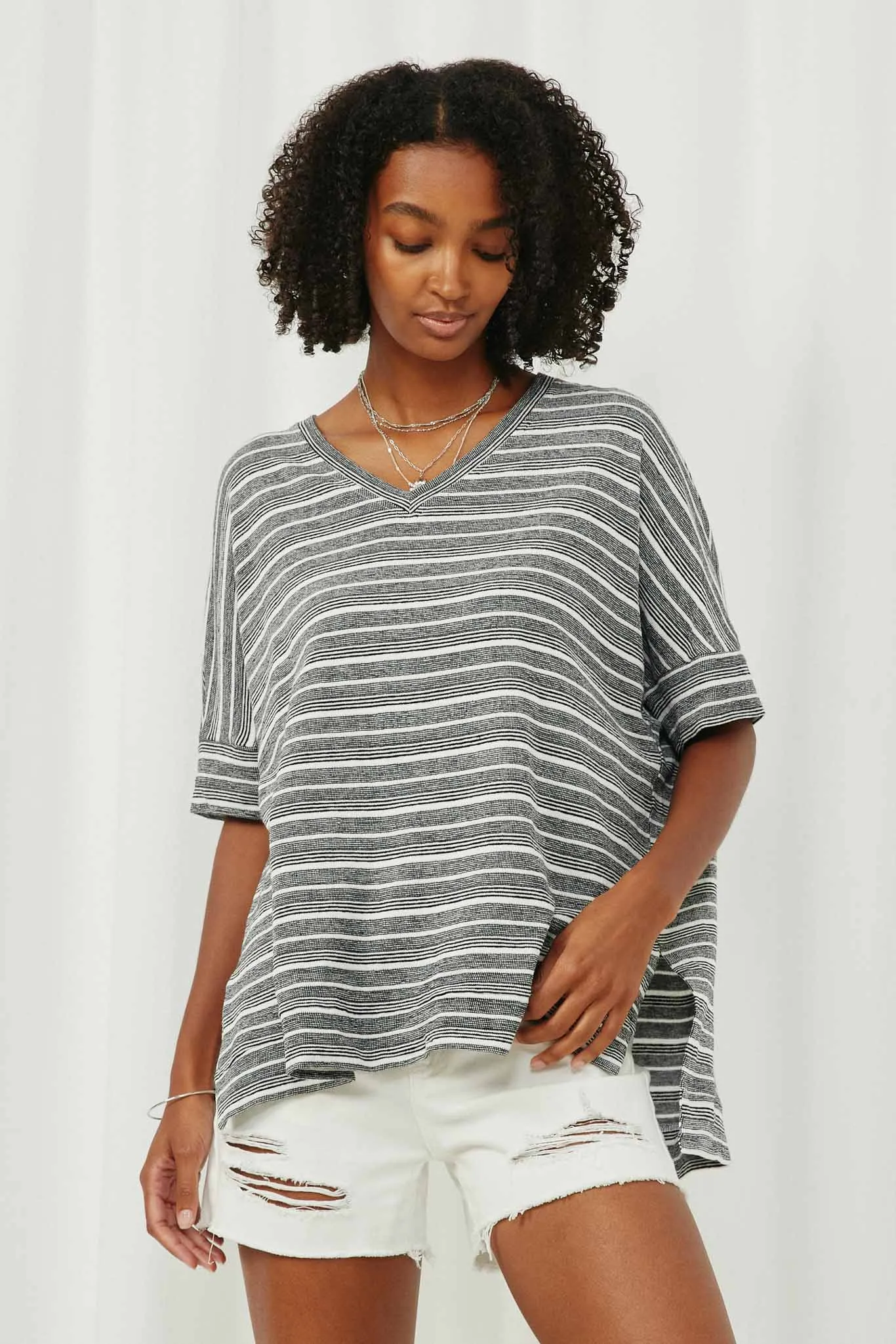 Engineered Stripe Oversize V-Neck High Low Knit Top