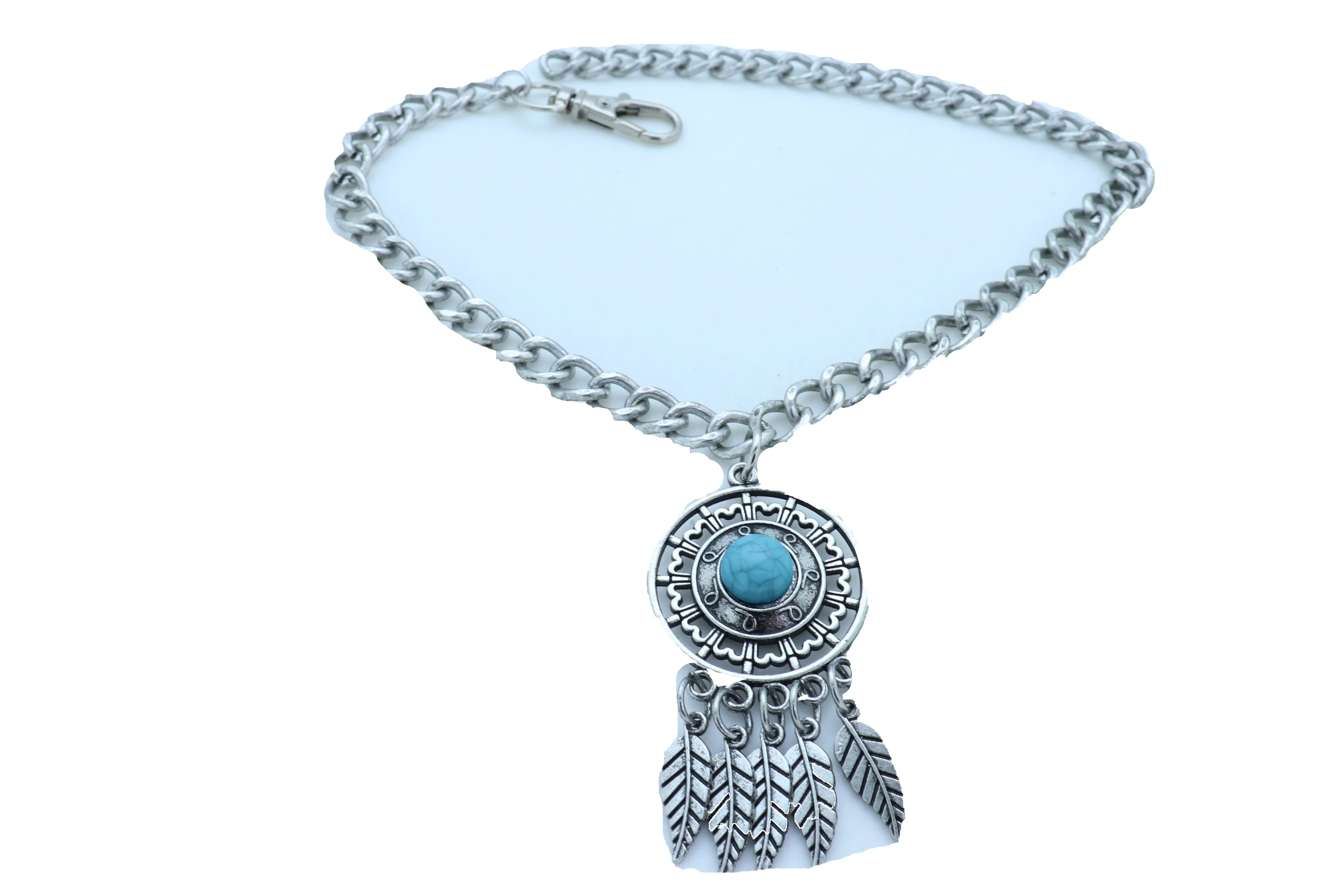 Ethnic Turquoise Bead Dreamcatcher Feather Charm Silver Metal Boot Chain