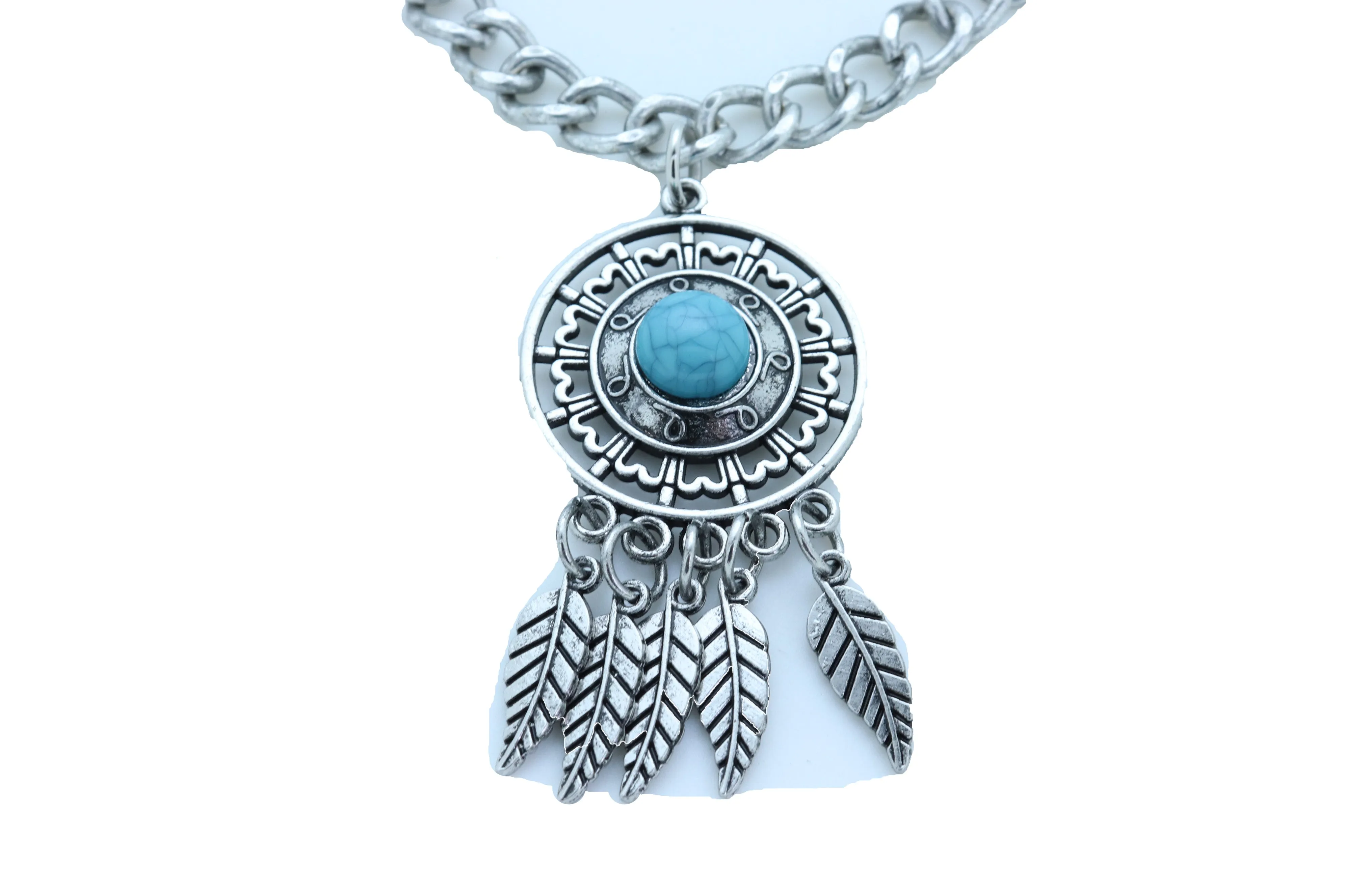 Ethnic Turquoise Bead Dreamcatcher Feather Charm Silver Metal Boot Chain