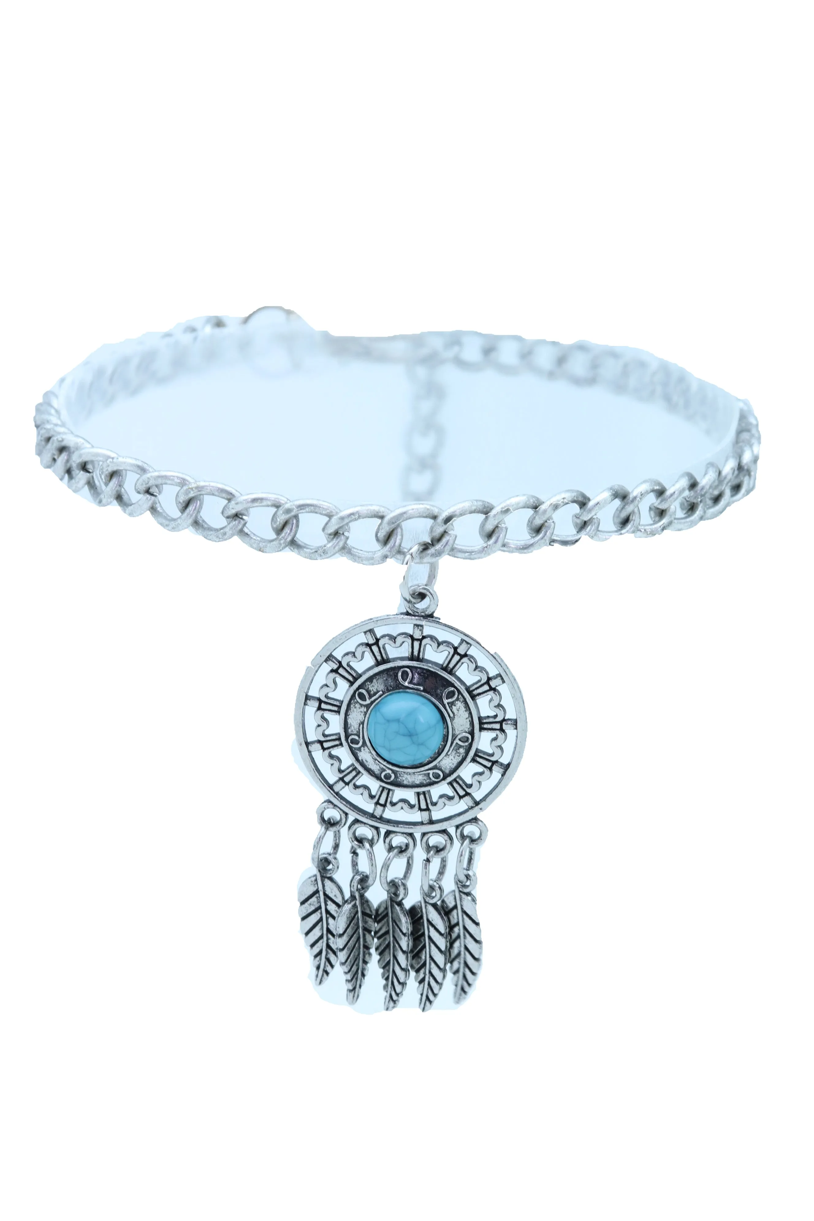 Ethnic Turquoise Bead Dreamcatcher Feather Charm Silver Metal Boot Chain