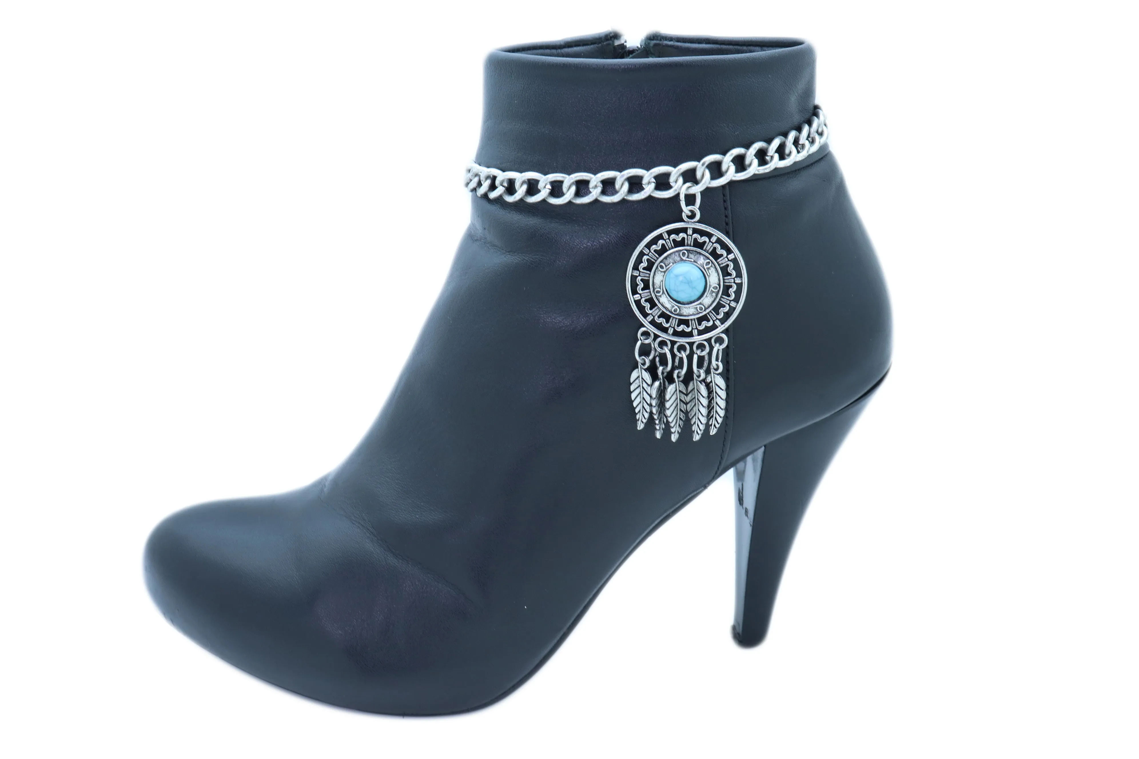 Ethnic Turquoise Bead Dreamcatcher Feather Charm Silver Metal Boot Chain