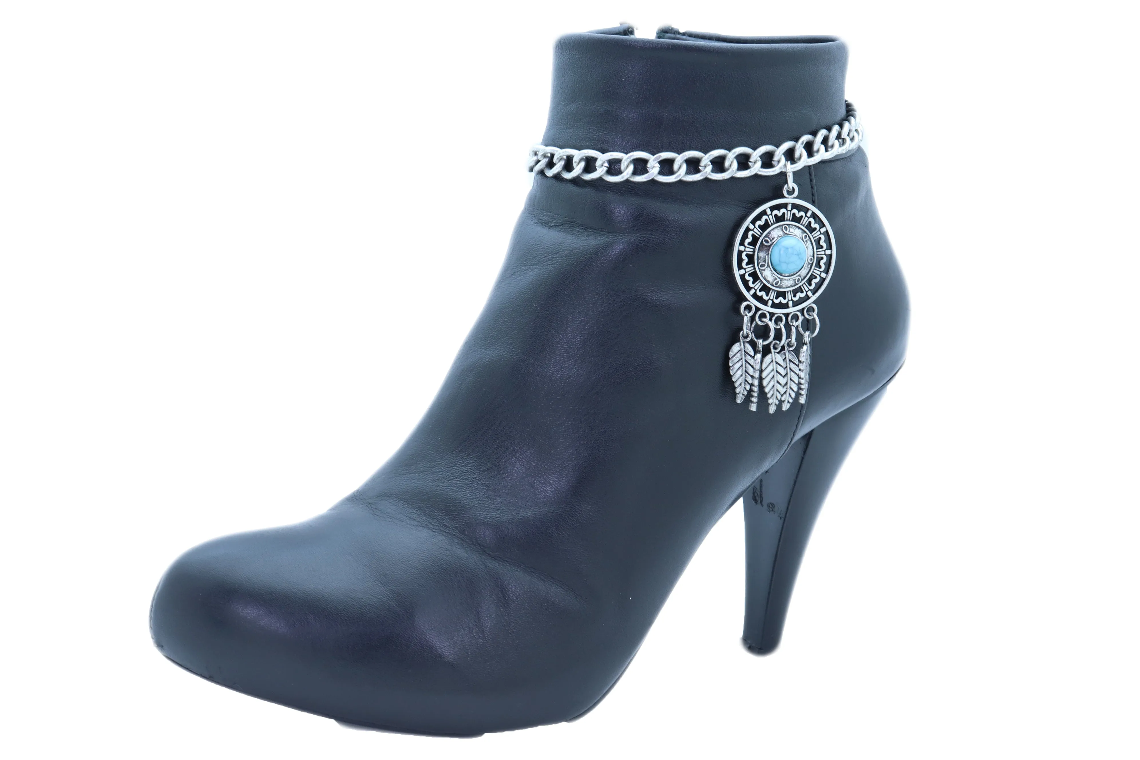 Ethnic Turquoise Bead Dreamcatcher Feather Charm Silver Metal Boot Chain