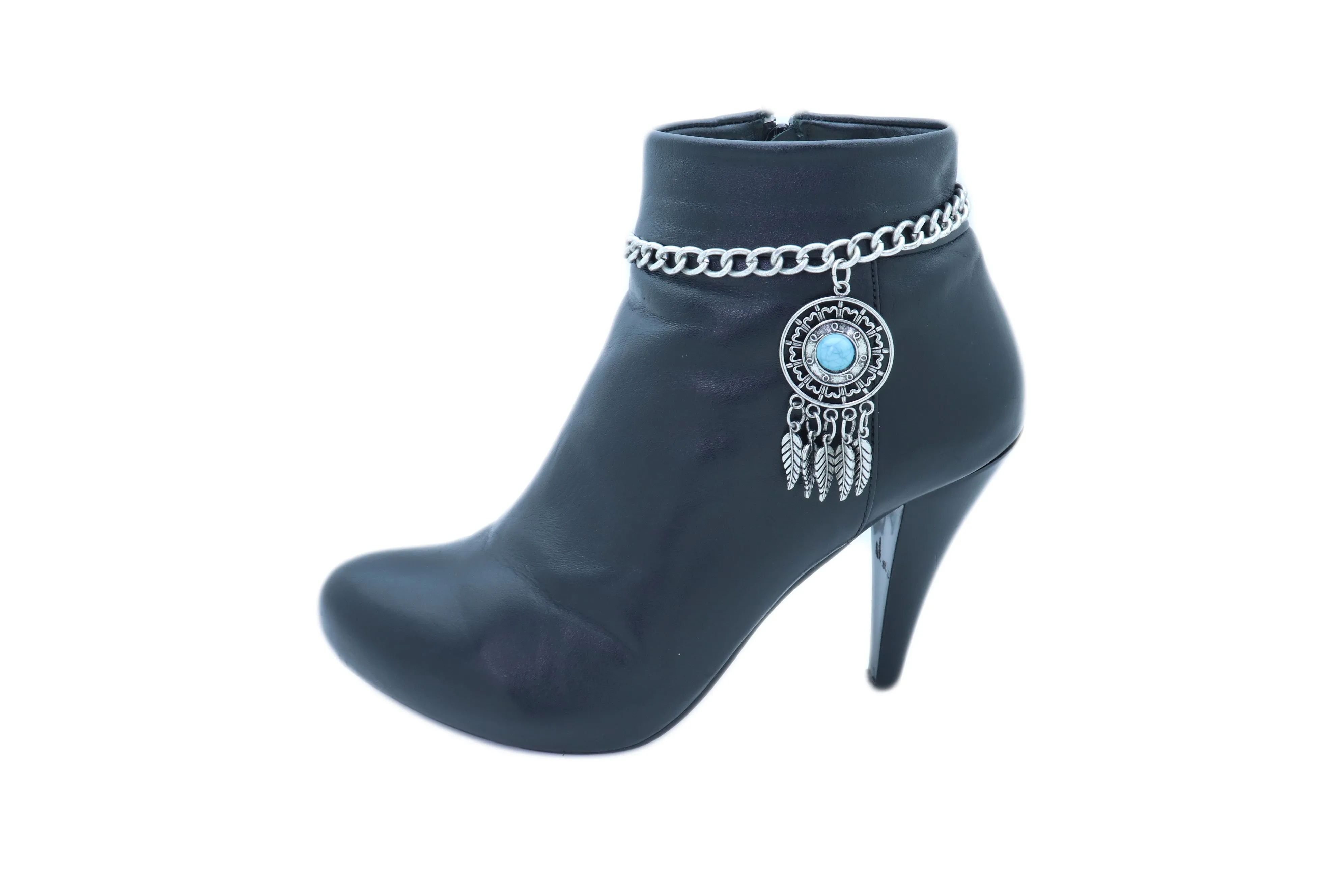 Ethnic Turquoise Bead Dreamcatcher Feather Charm Silver Metal Boot Chain