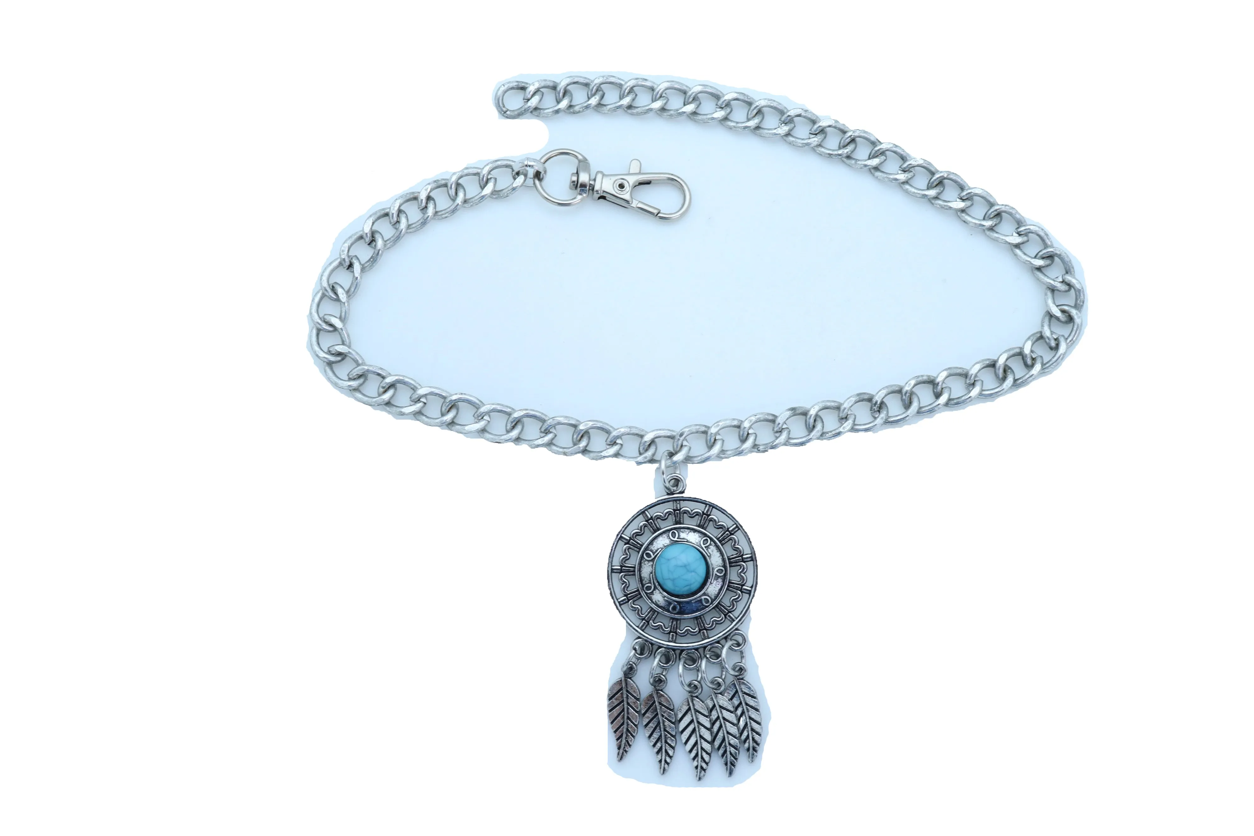 Ethnic Turquoise Bead Dreamcatcher Feather Charm Silver Metal Boot Chain