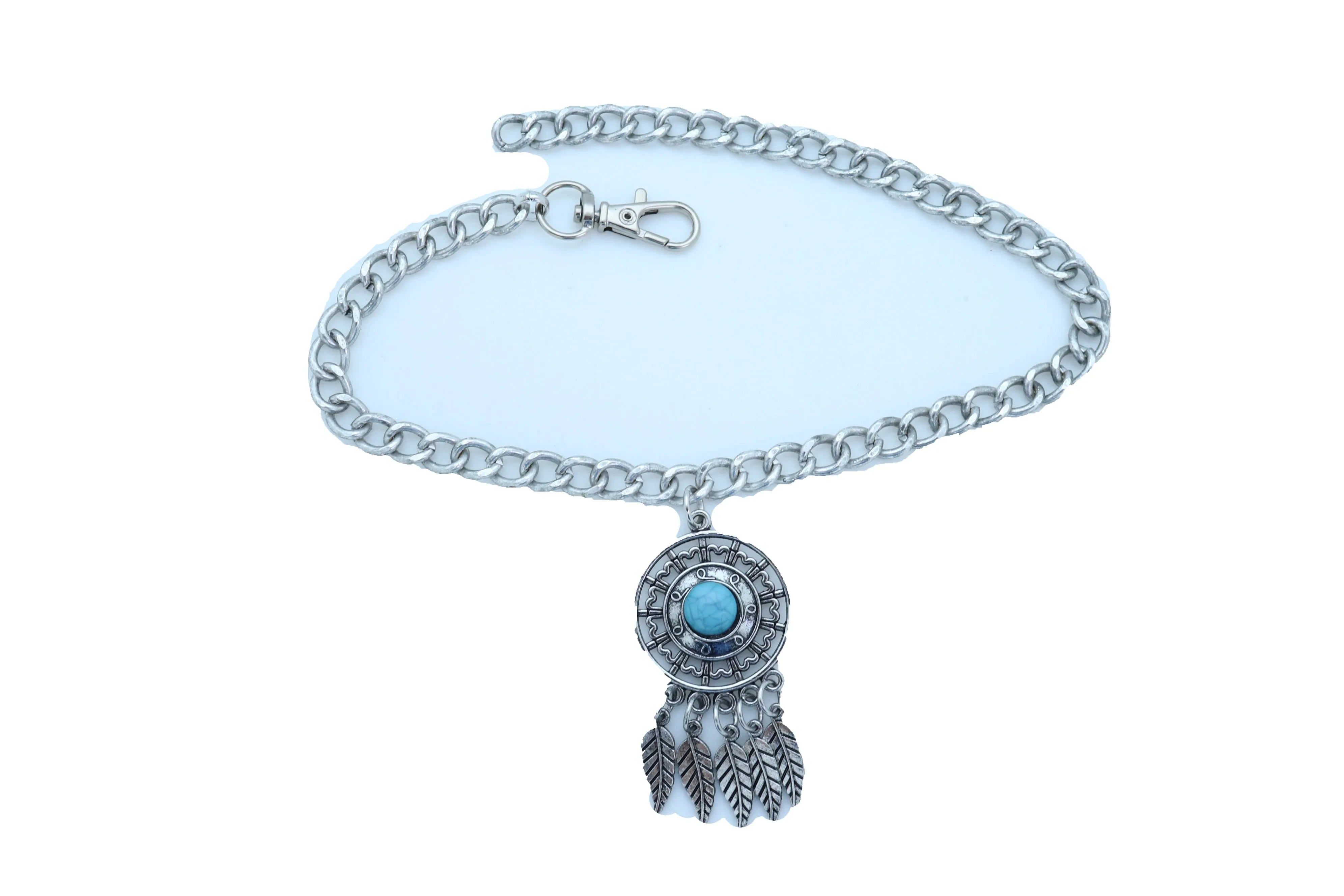 Ethnic Turquoise Bead Dreamcatcher Feather Charm Silver Metal Boot Chain