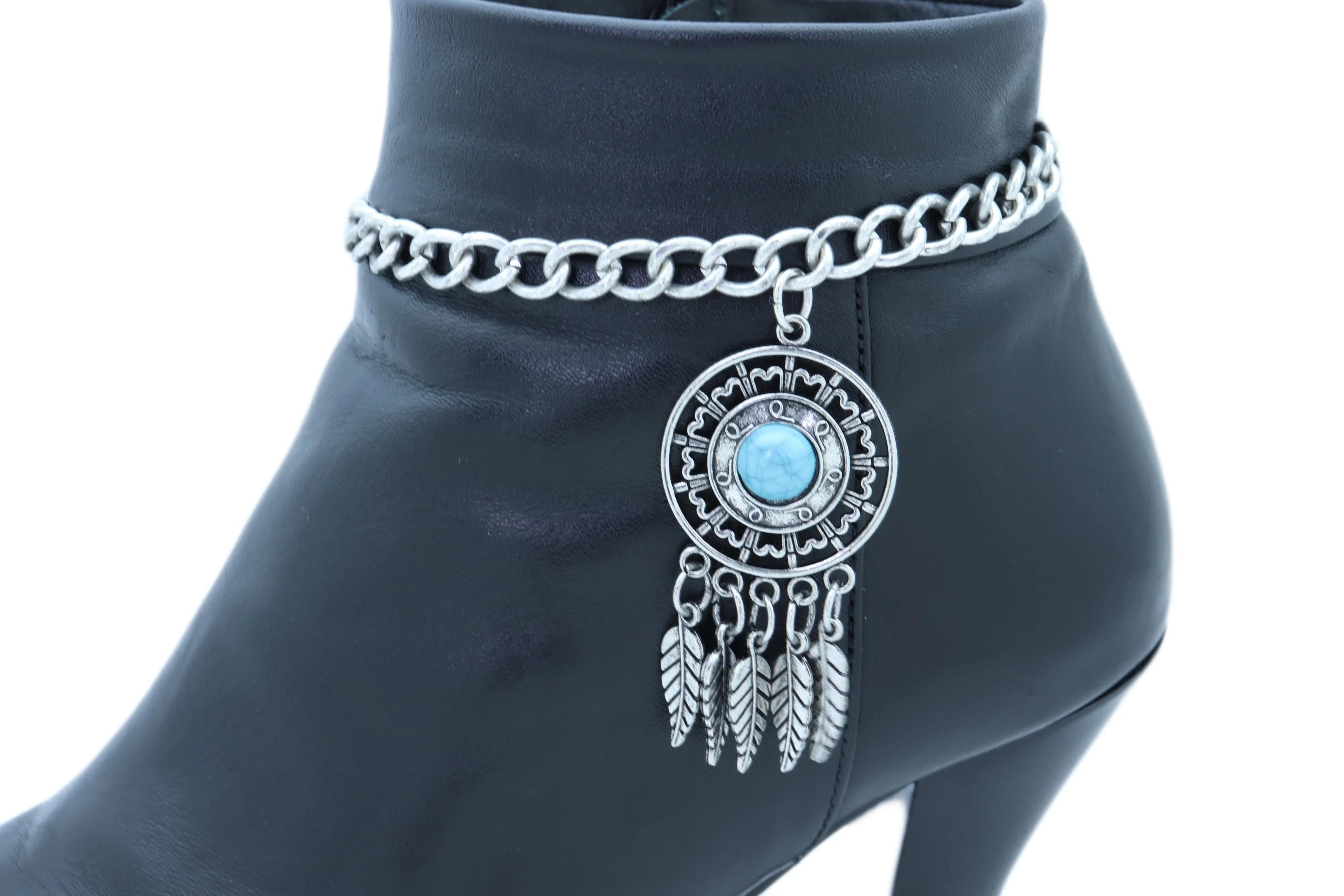 Ethnic Turquoise Bead Dreamcatcher Feather Charm Silver Metal Boot Chain