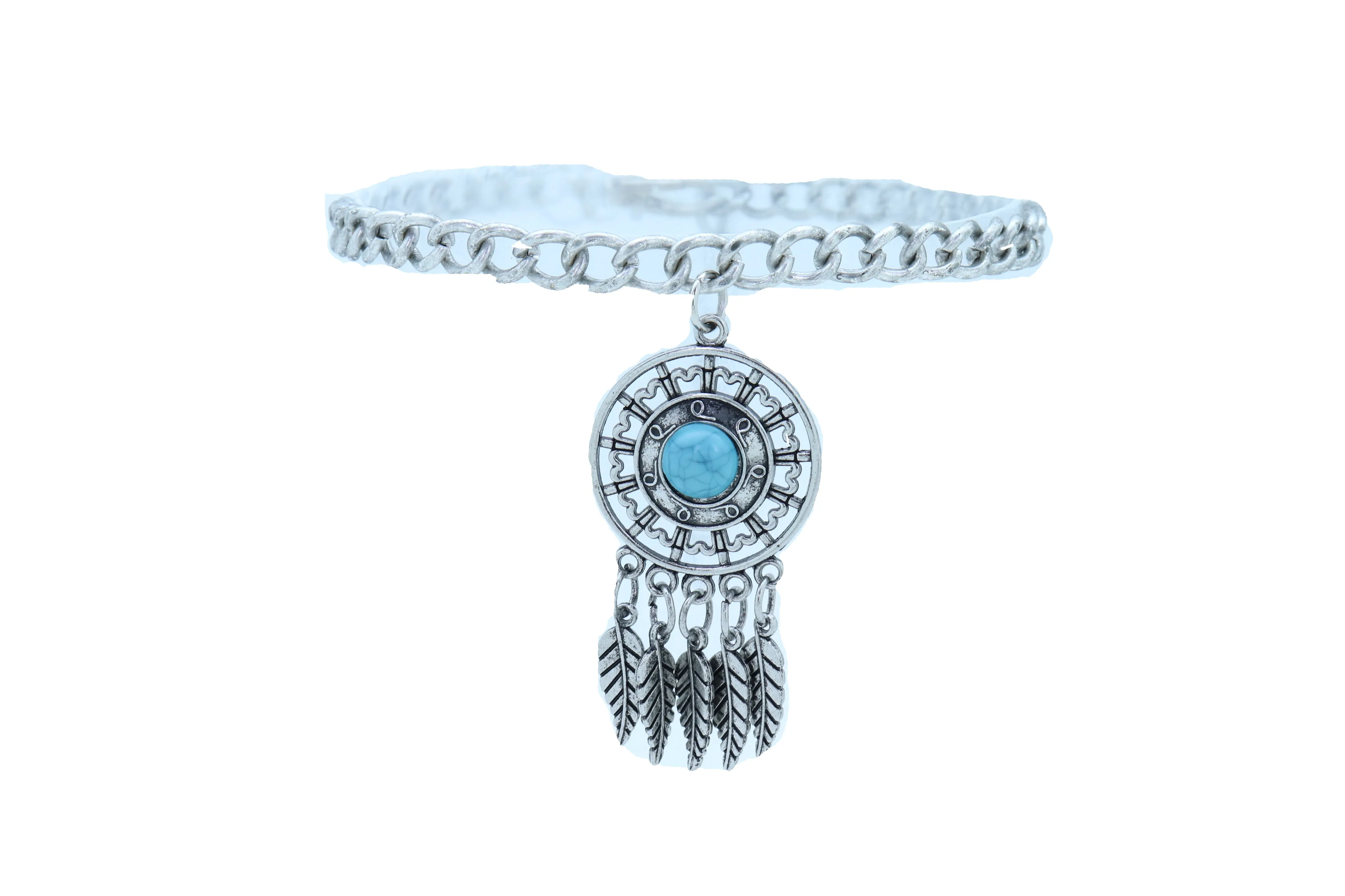 Ethnic Turquoise Bead Dreamcatcher Feather Charm Silver Metal Boot Chain