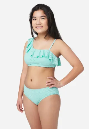 Eyelet Ruffle Asymmetrical Bikini Swim Set