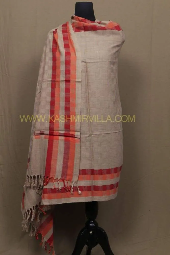 Fawn Colour SemiPashmina Shawl With Stripes On Border Which Adds Nice Accent.