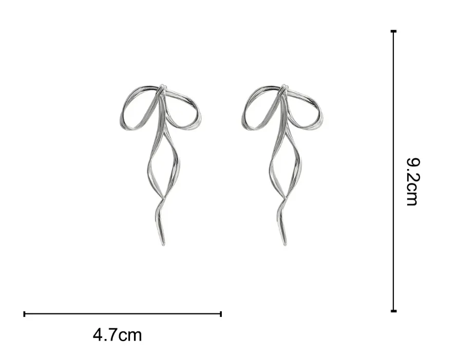 Getadme Korean Design Fashion Simple Silver Color Metal Line Bow Earrings Elegant Big Long Bowknot Drop Earrings Female