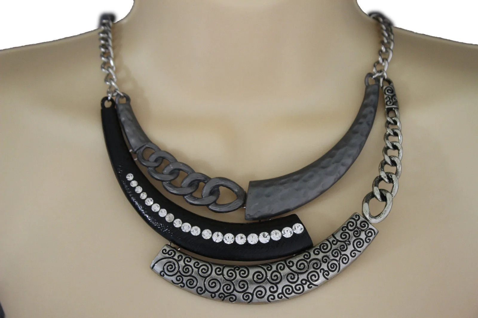 Gold Black Or Silver Black Metal Plate Half Moon Necklace Chains   Earrings Set