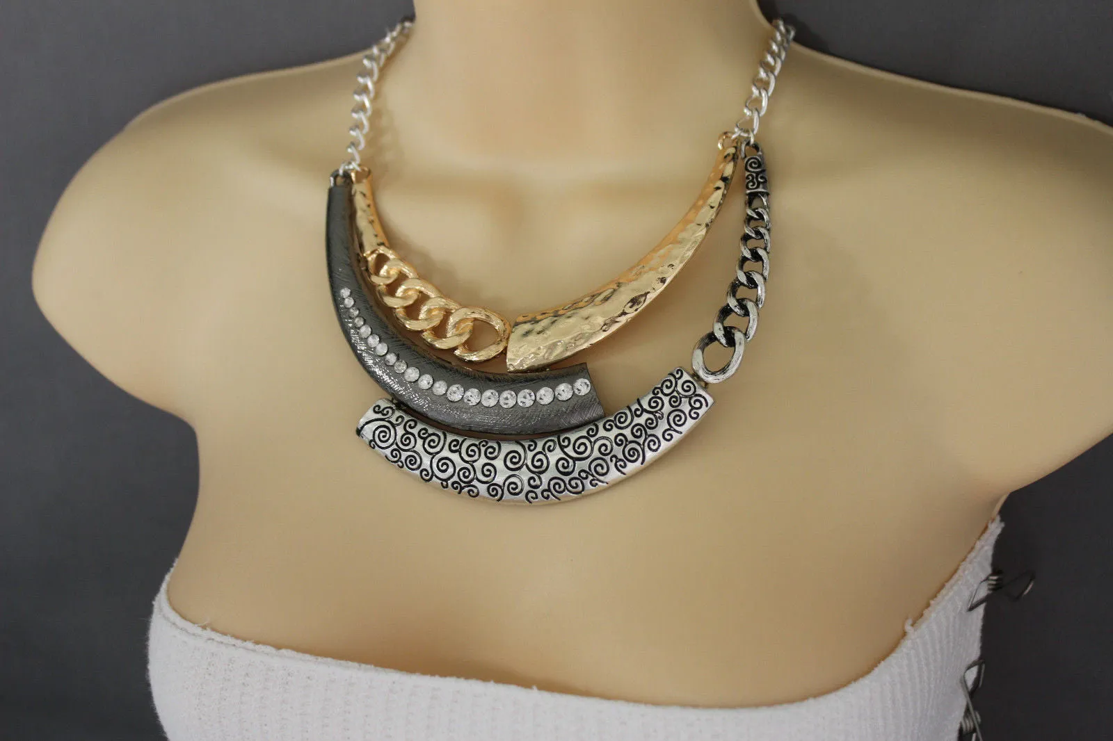 Gold Black Or Silver Black Metal Plate Half Moon Necklace Chains   Earrings Set