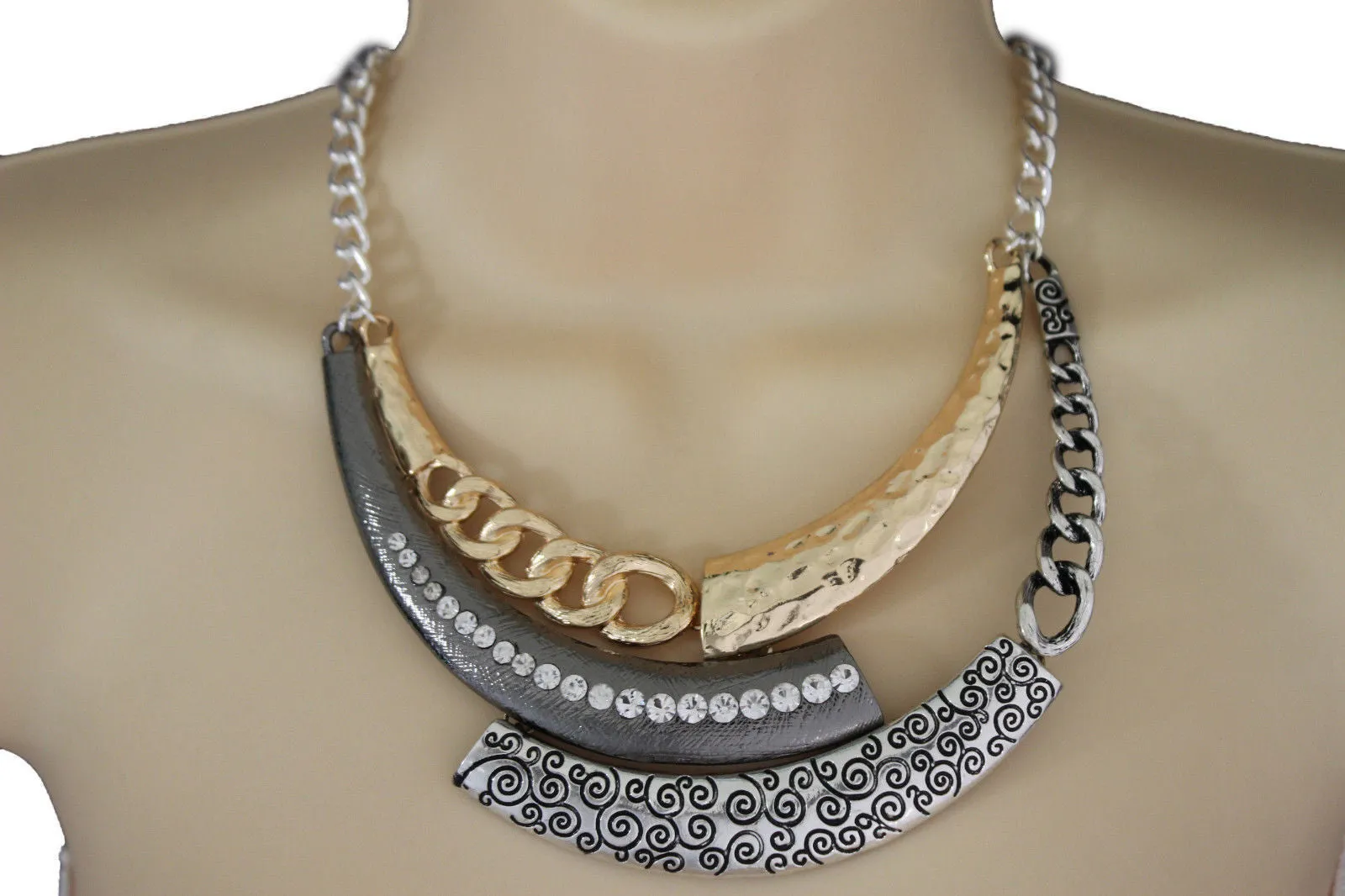 Gold Black Or Silver Black Metal Plate Half Moon Necklace Chains   Earrings Set