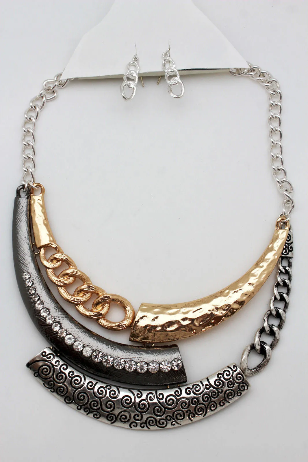 Gold Black Or Silver Black Metal Plate Half Moon Necklace Chains   Earrings Set