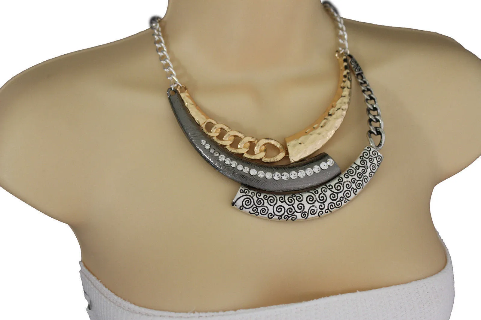 Gold Black Or Silver Black Metal Plate Half Moon Necklace Chains   Earrings Set