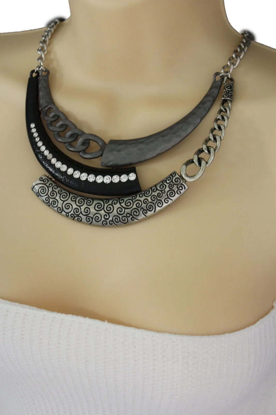 Gold Black Or Silver Black Metal Plate Half Moon Necklace Chains   Earrings Set