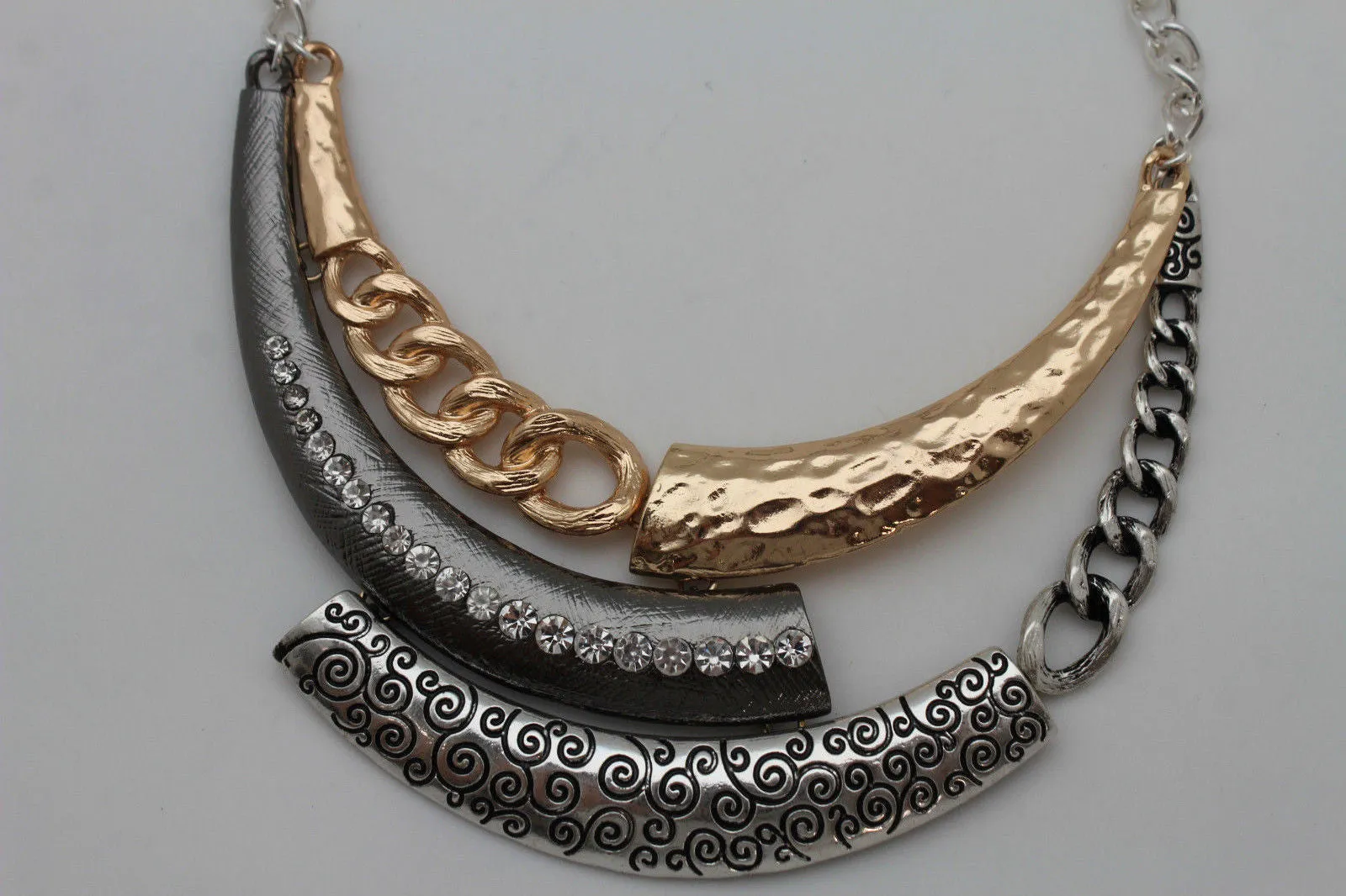 Gold Black Or Silver Black Metal Plate Half Moon Necklace Chains   Earrings Set