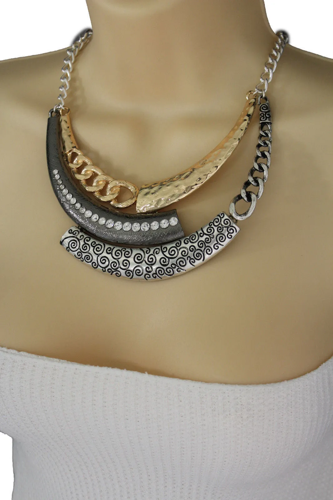 Gold Black Or Silver Black Metal Plate Half Moon Necklace Chains   Earrings Set