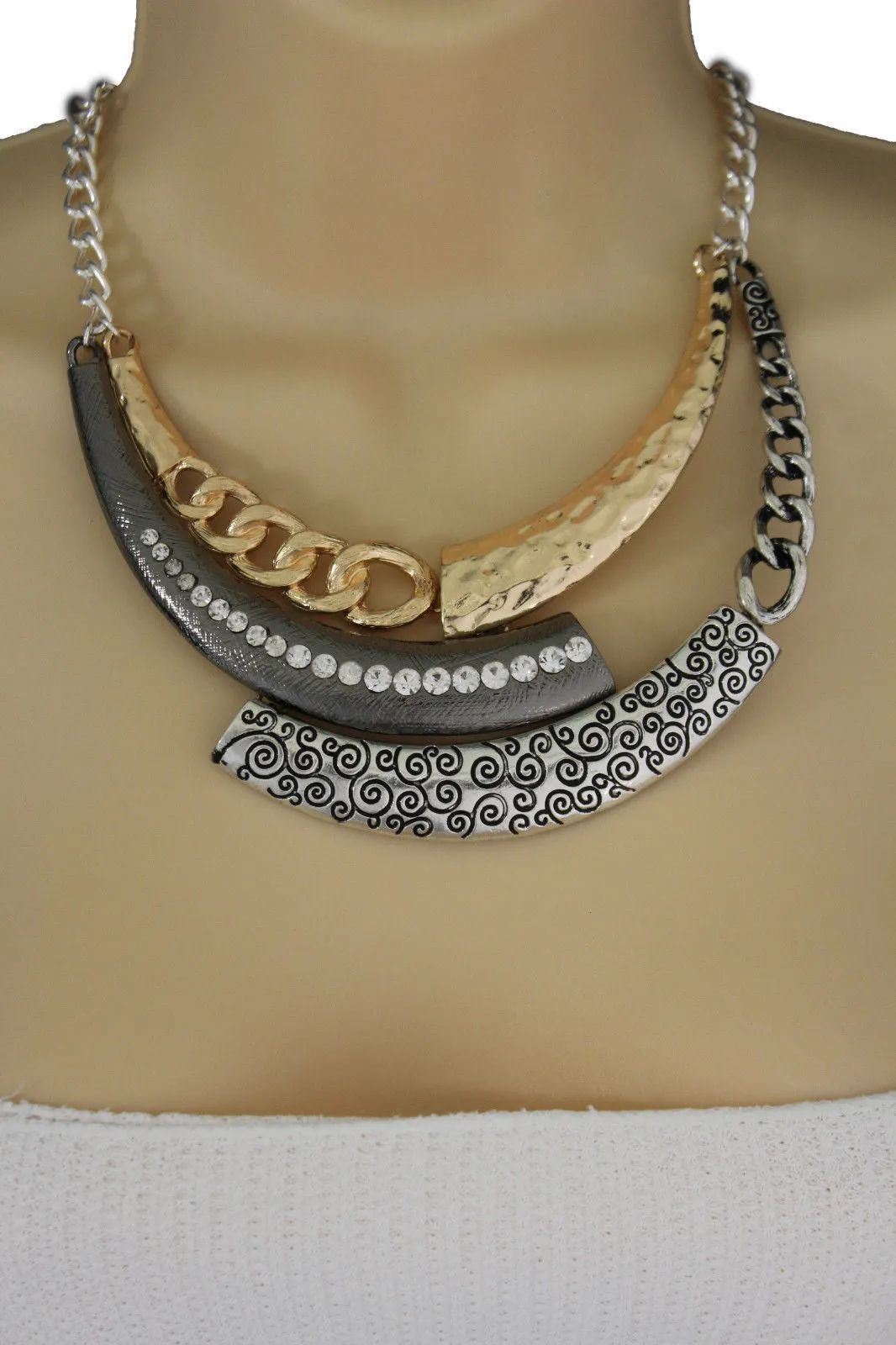 Gold Black Or Silver Black Metal Plate Half Moon Necklace Chains   Earrings Set