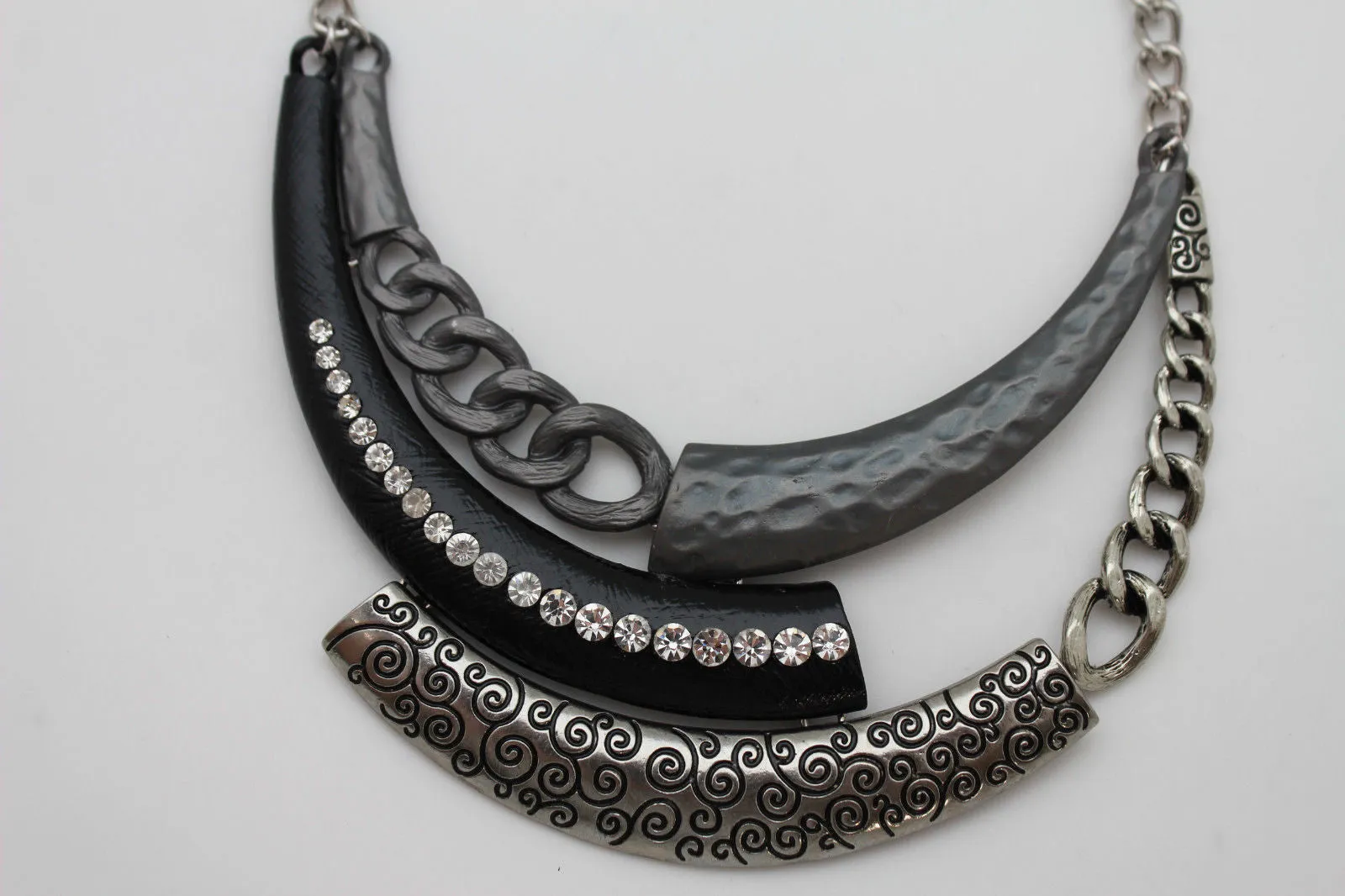 Gold Black Or Silver Black Metal Plate Half Moon Necklace Chains   Earrings Set