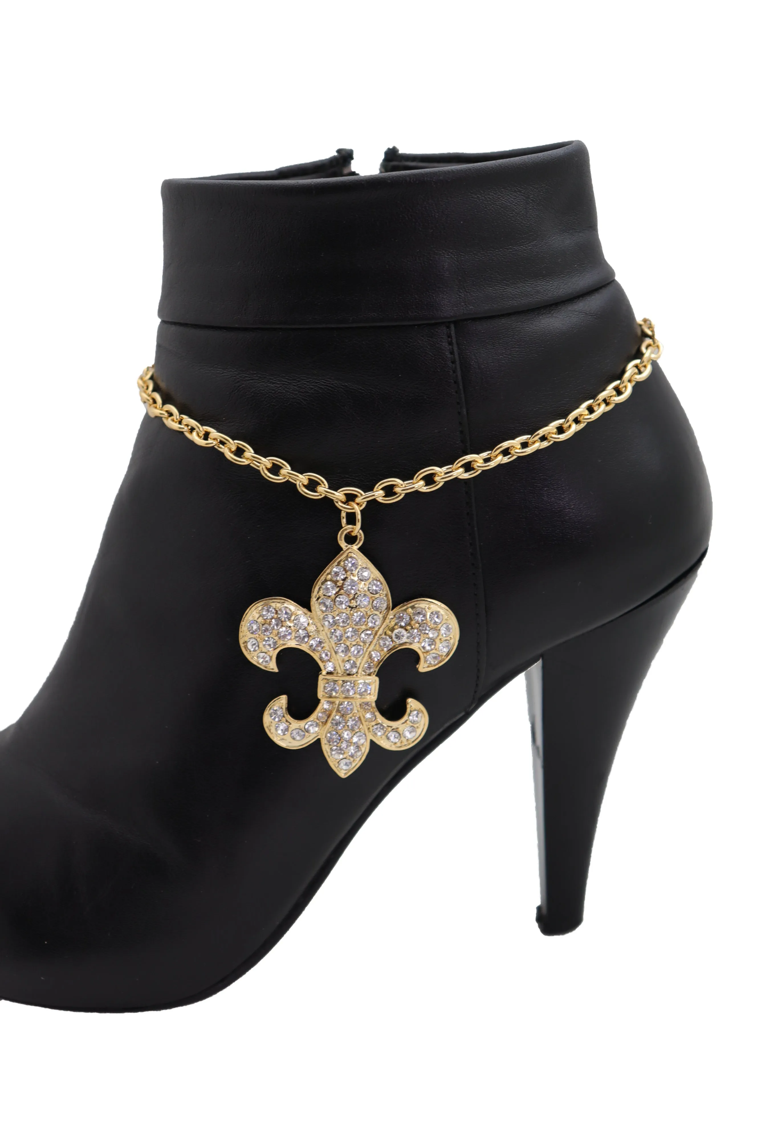 Gold Boot Chain Bracelet Western Shoe Anklet Fleur De Lis Lily Bling Charm