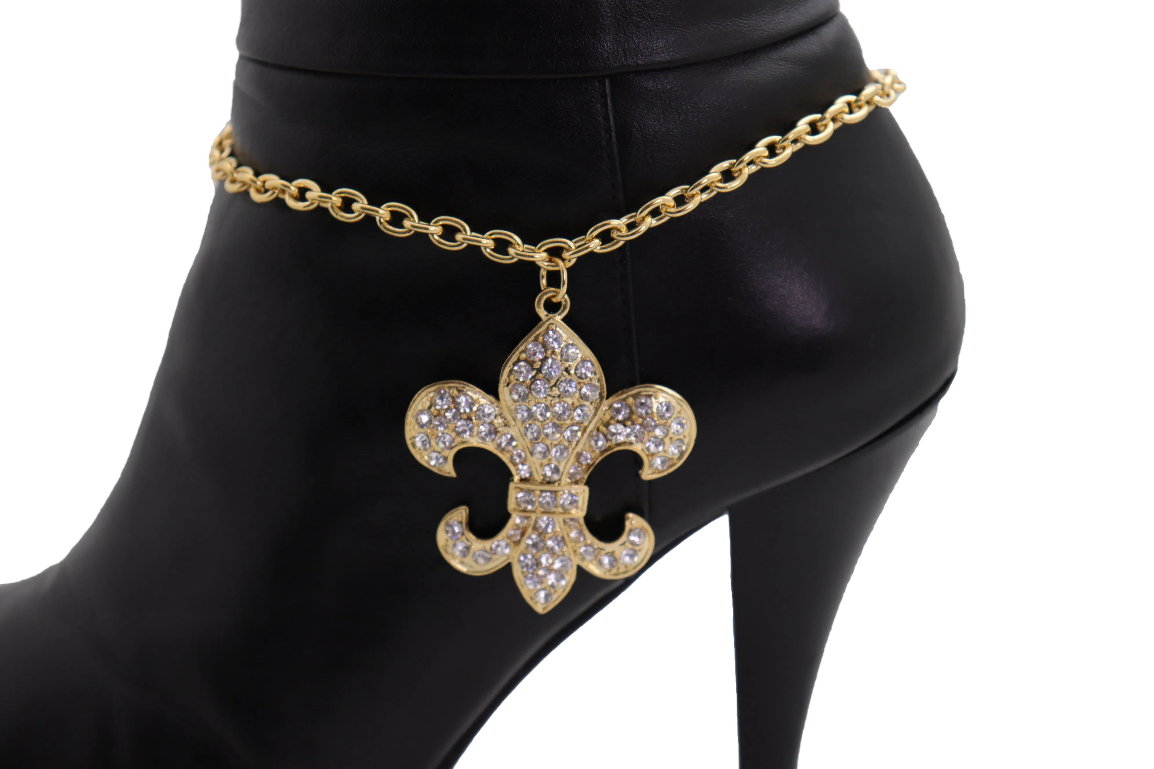 Gold Boot Chain Bracelet Western Shoe Anklet Fleur De Lis Lily Bling Charm