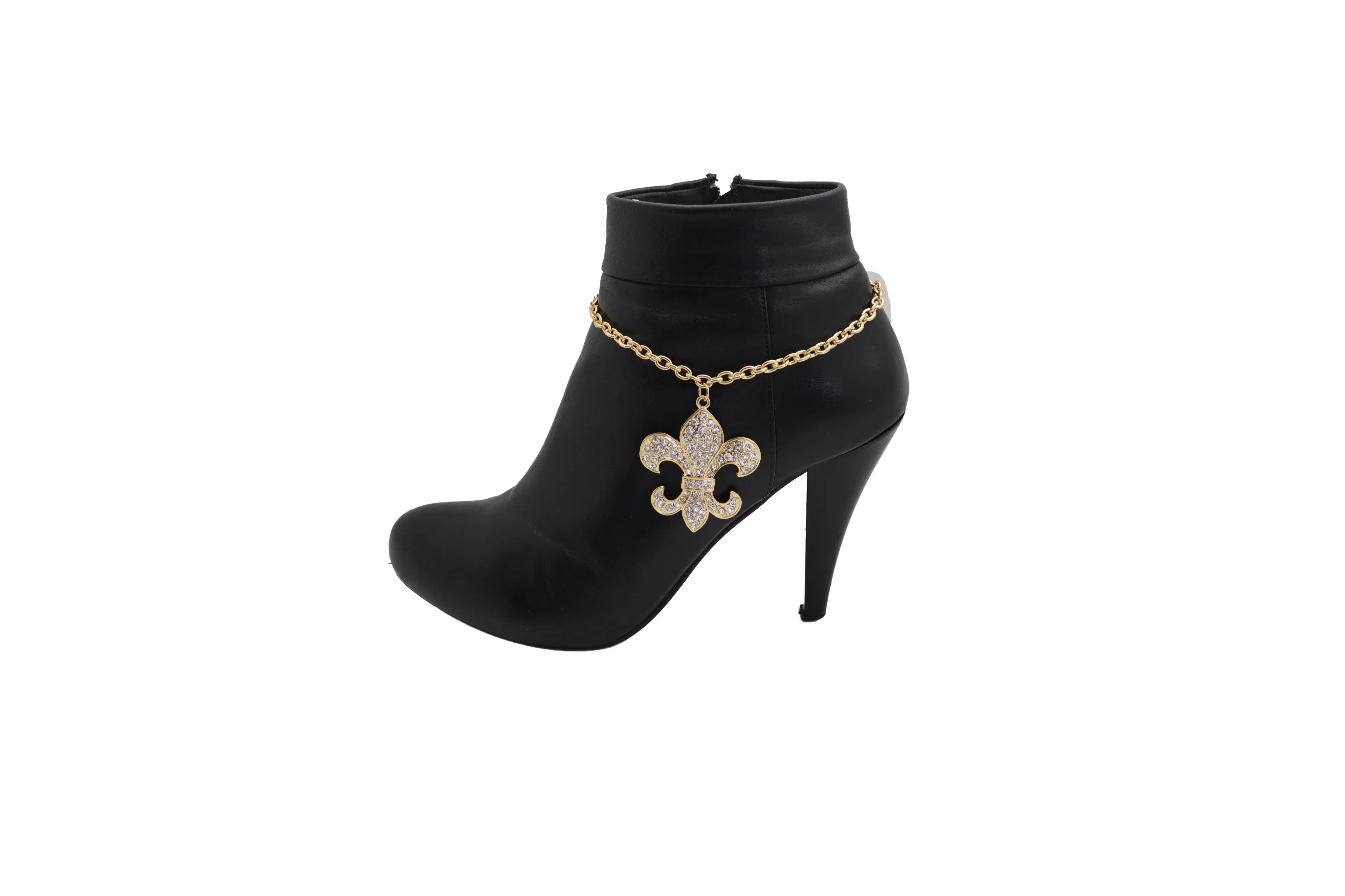 Gold Boot Chain Bracelet Western Shoe Anklet Fleur De Lis Lily Bling Charm