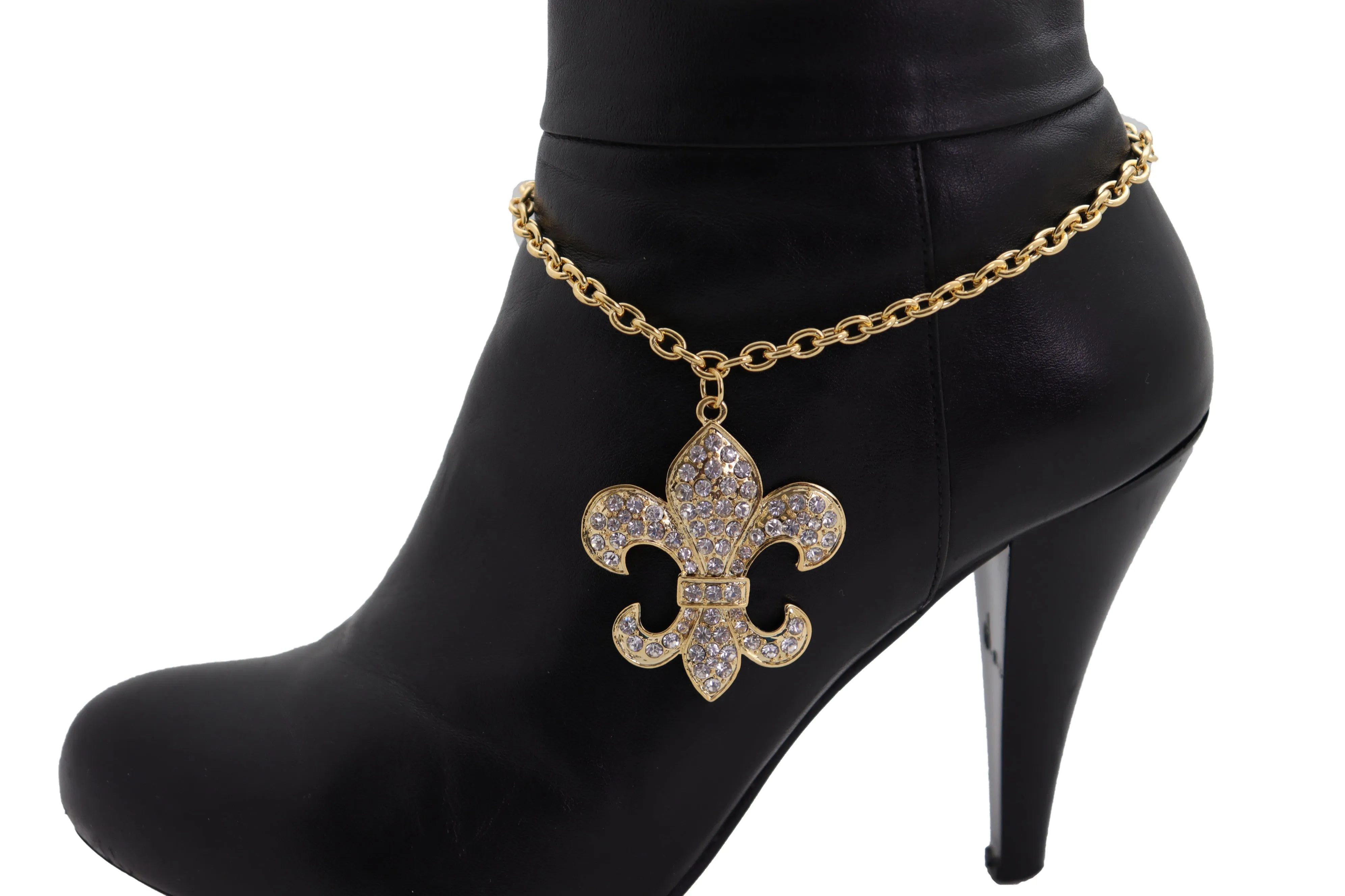 Gold Boot Chain Bracelet Western Shoe Anklet Fleur De Lis Lily Bling Charm