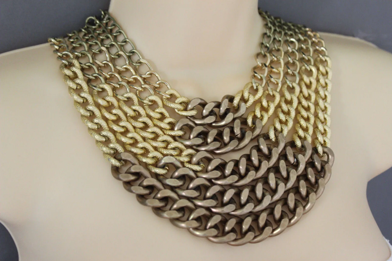 Gold Bronze Chunky Metal Chains 5 Strand Necklace Earrings Set