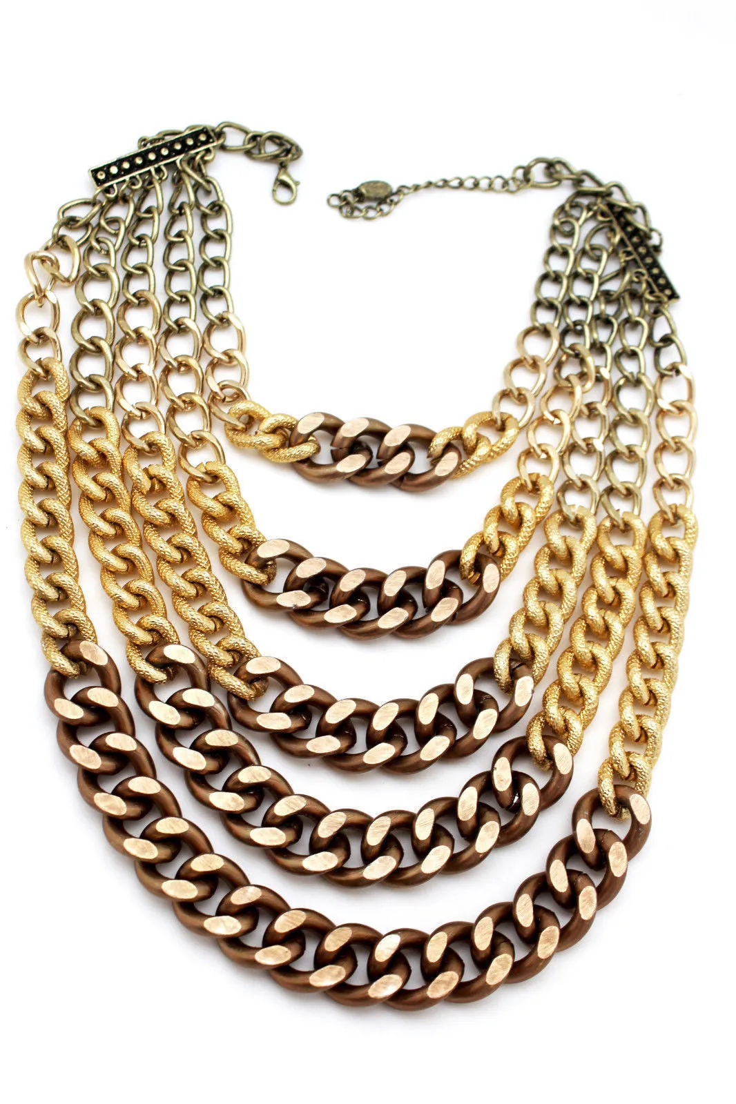 Gold Bronze Chunky Metal Chains 5 Strand Necklace Earrings Set