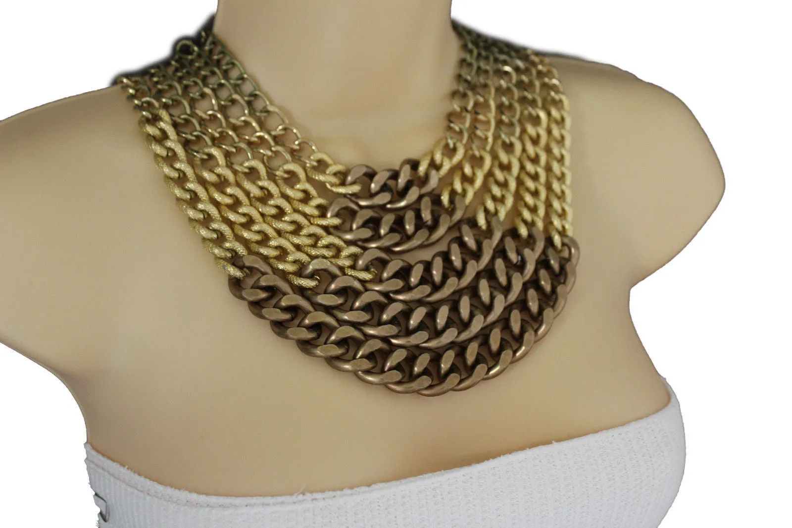 Gold Bronze Chunky Metal Chains 5 Strand Necklace Earrings Set