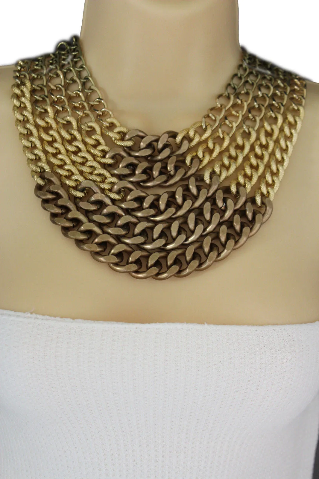 Gold Bronze Chunky Metal Chains 5 Strand Necklace Earrings Set