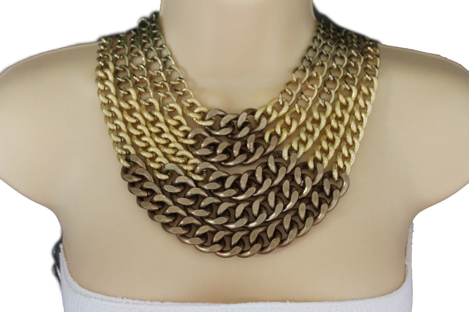 Gold Bronze Chunky Metal Chains 5 Strand Necklace Earrings Set