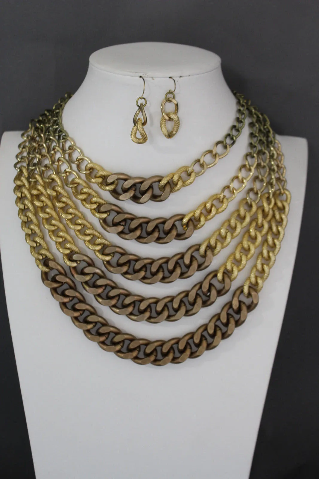 Gold Bronze Chunky Metal Chains 5 Strand Necklace Earrings Set