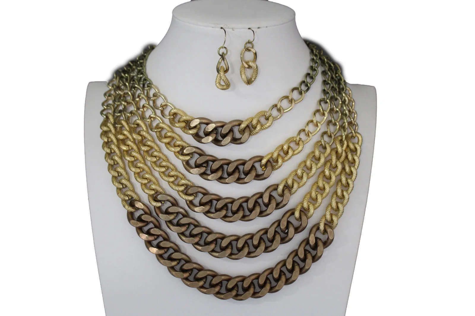 Gold Bronze Chunky Metal Chains 5 Strand Necklace Earrings Set