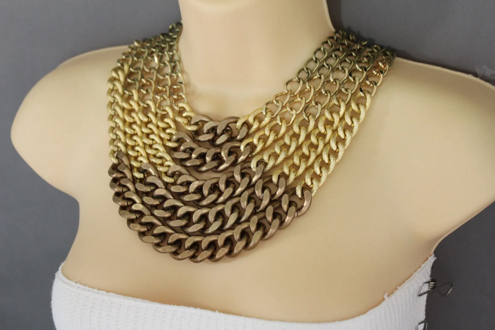 Gold Bronze Chunky Metal Chains 5 Strand Necklace Earrings Set