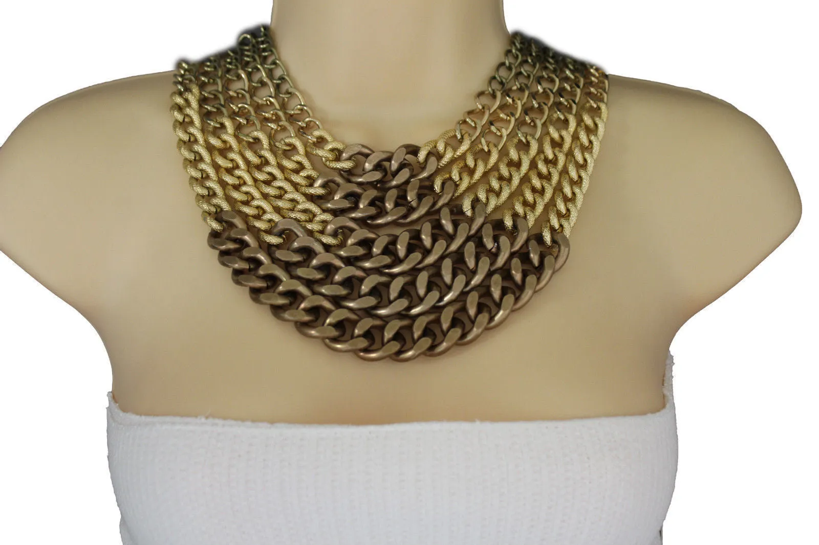 Gold Bronze Chunky Metal Chains 5 Strand Necklace Earrings Set