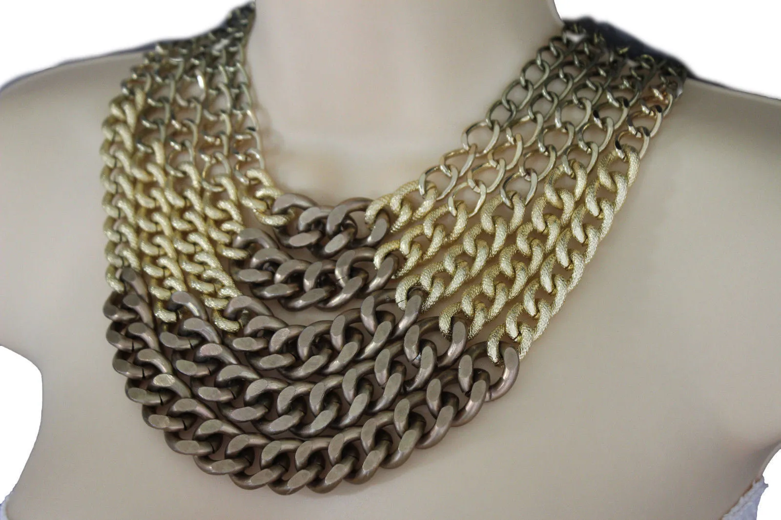 Gold Bronze Chunky Metal Chains 5 Strand Necklace Earrings Set