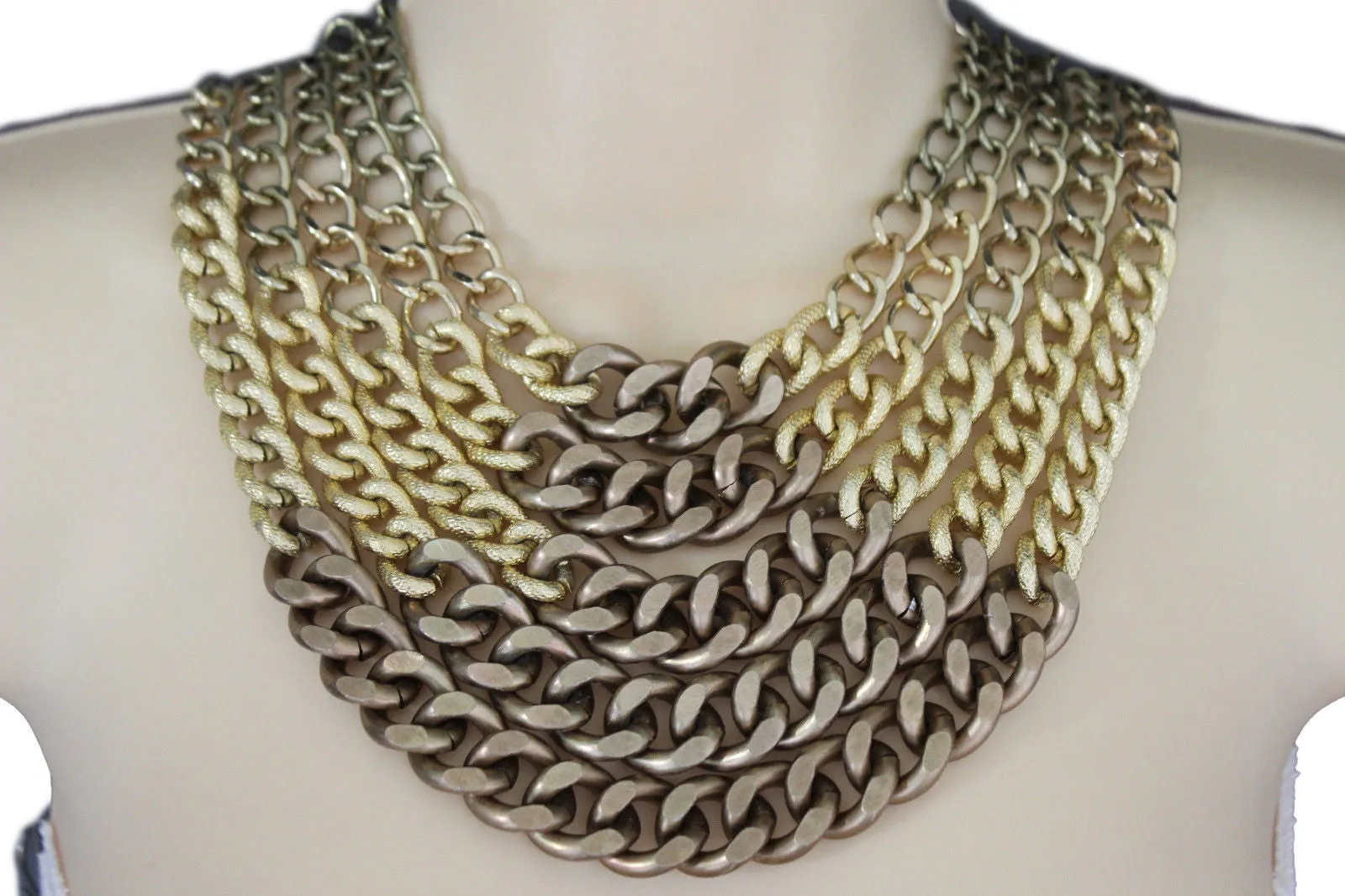 Gold Bronze Chunky Metal Chains 5 Strand Necklace Earrings Set