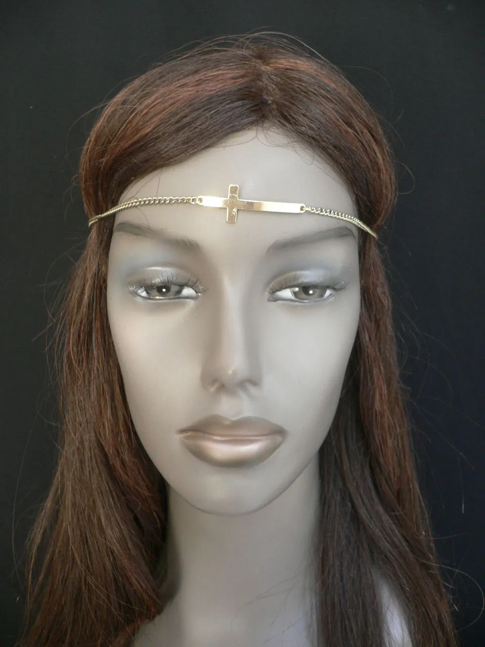 Gold Metal Casual Stretch Back Head Chain Elastic Big Cross Women Hair Piece Jewelry