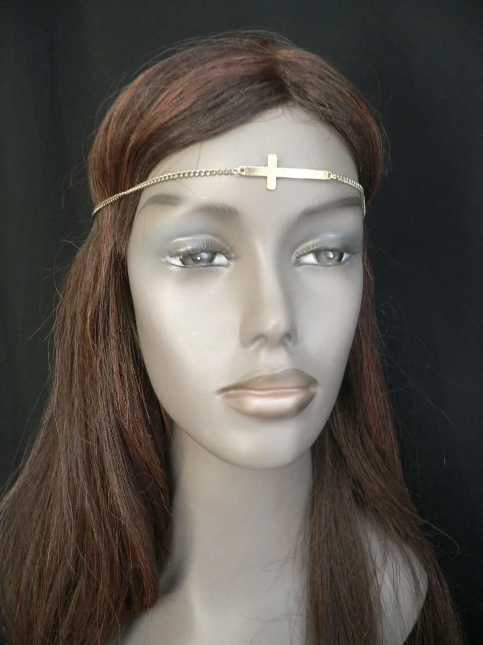 Gold Metal Casual Stretch Back Head Chain Elastic Big Cross Women Hair Piece Jewelry