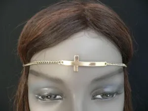 Gold Metal Casual Stretch Back Head Chain Elastic Big Cross Women Hair Piece Jewelry