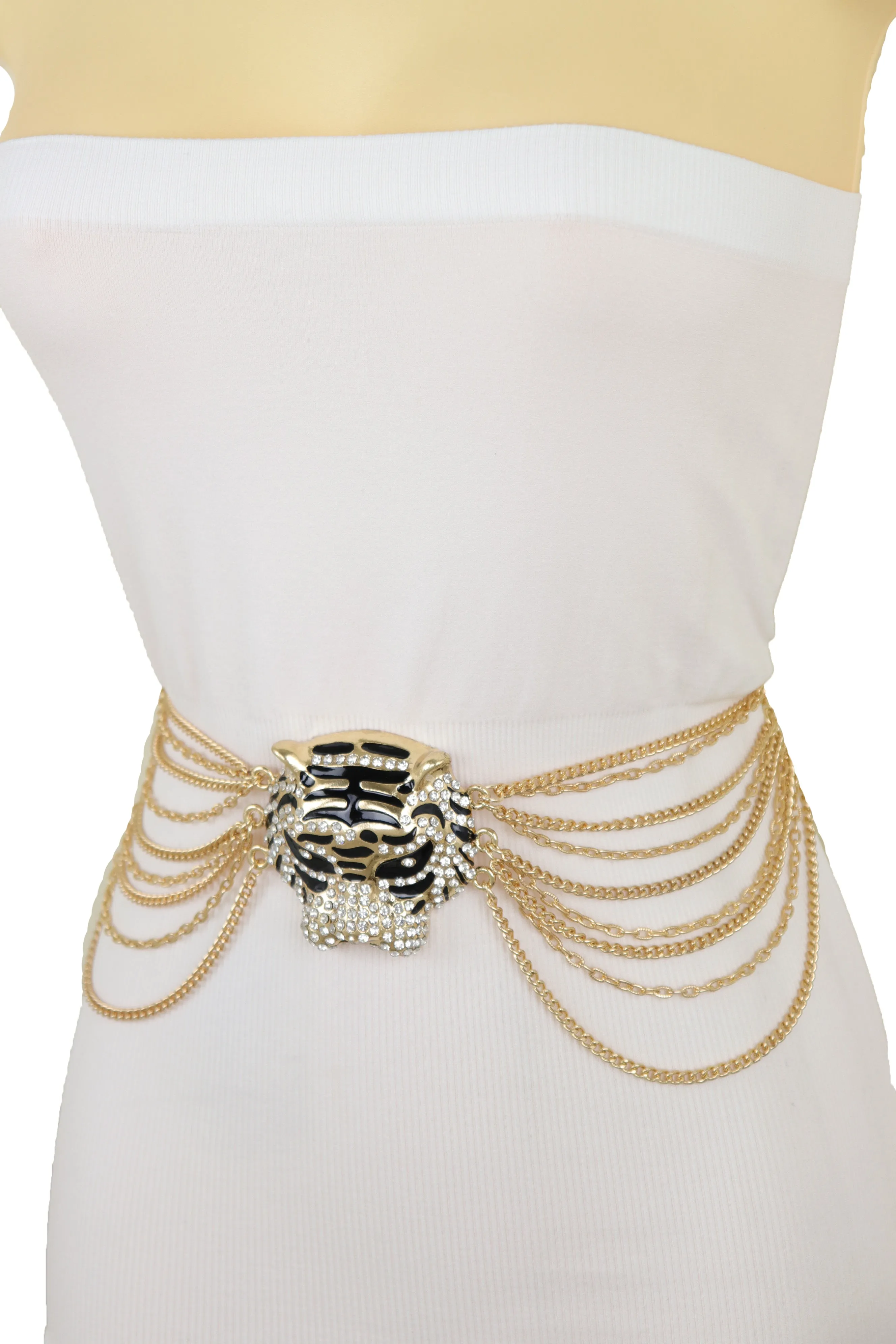 Gold Metal Chain Side Waves Belt Hip High Waist Leopard Tiger Charm S M L